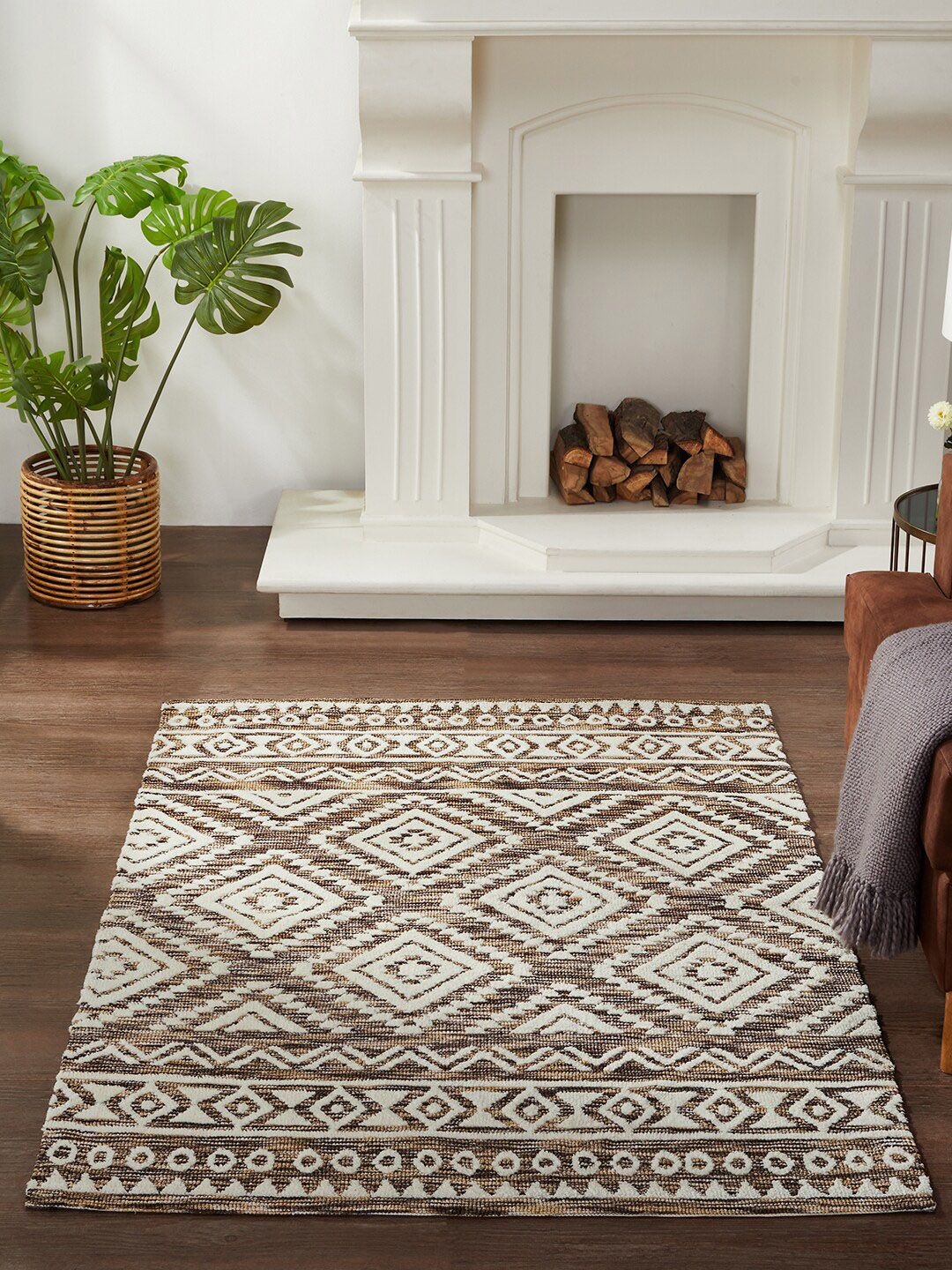 Pano Brown & White Geometric Printed Rectangular Carpet Price in India