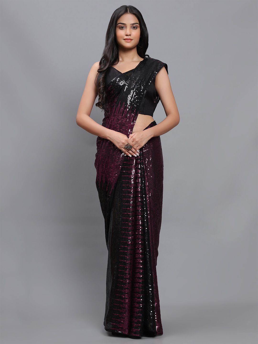 3BUDDY FASHION Magenta & Black Embellished Sequinned Dharmavaram Saree Price in India