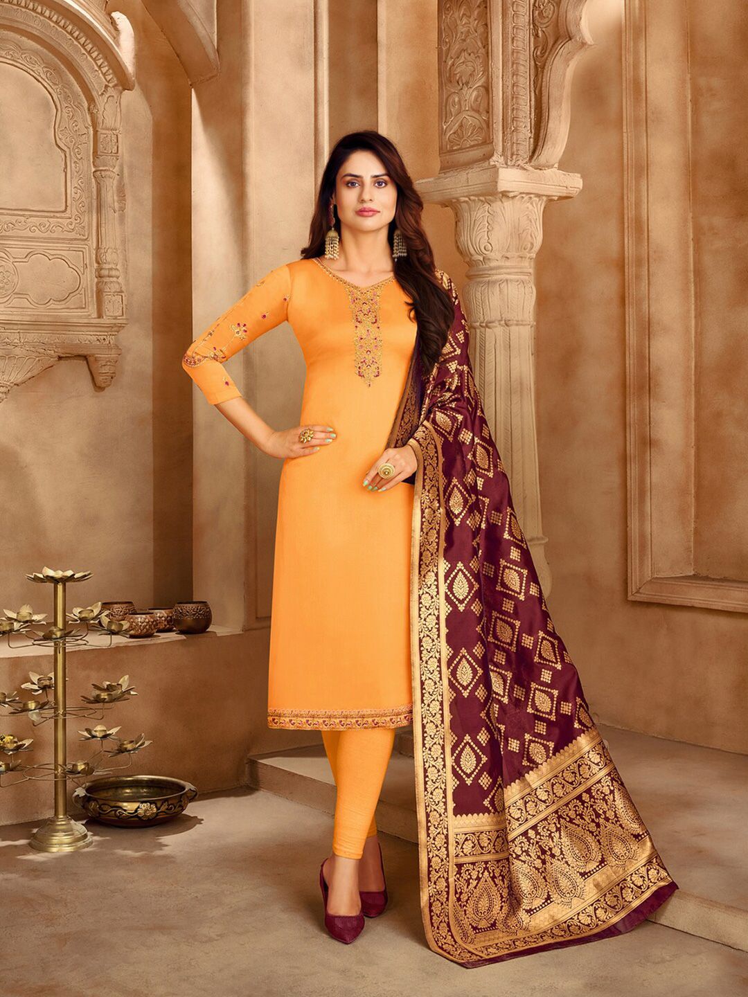 mf Women Mustard & Gold-Toned Embroidered Silk Georgette Semi-Stitched Dress Material Price in India