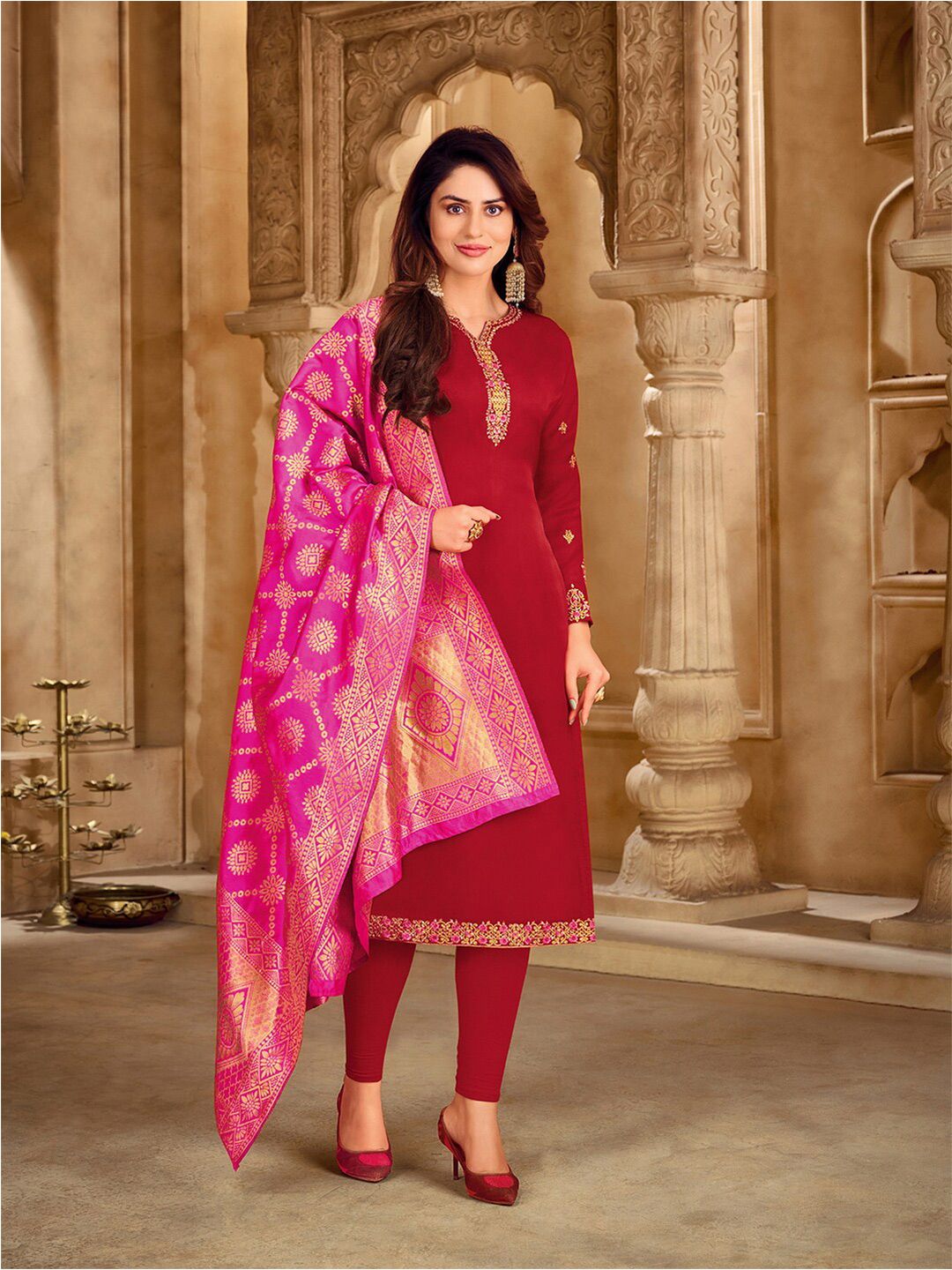 mf Women Red & Pink Embroidered Silk Georgette Semi-Stitched Dress Material Price in India