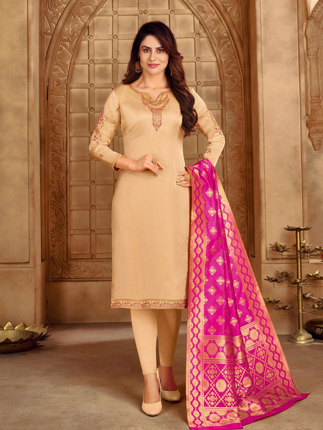 mf Women Beige & Pink Embroidered Silk Georgette Semi-Stitched Dress Material Price in India