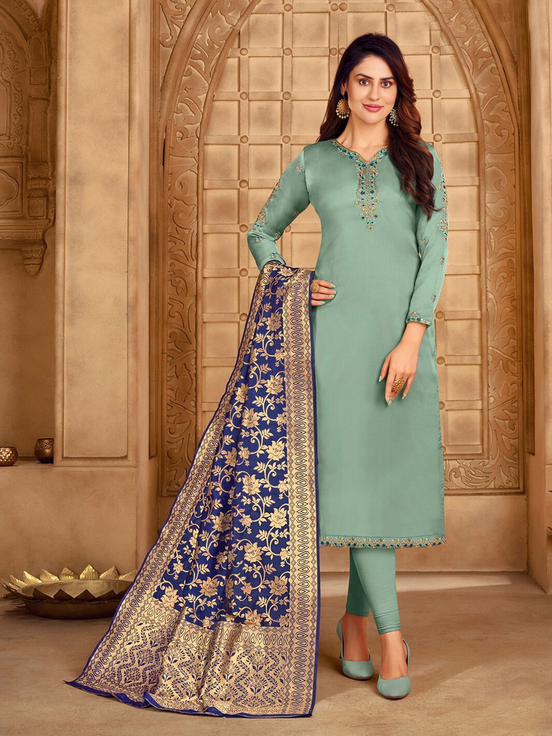 mf Women Sea Green & Blue Embroidered Silk Georgette Semi-Stitched Dress Material Price in India