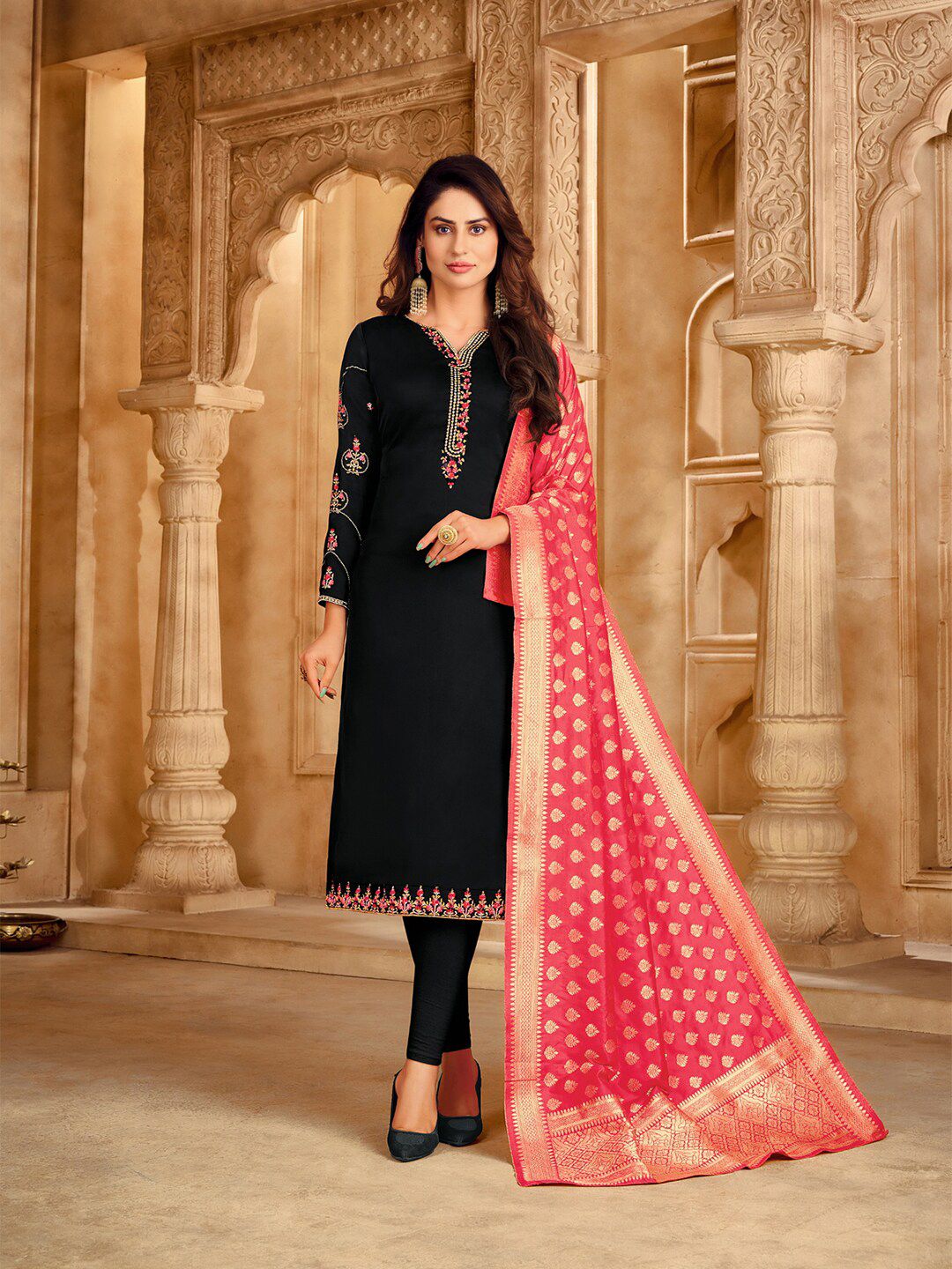 mf Women Black & Pink Embroidered Silk Georgette Semi-Stitched Dress Material Price in India