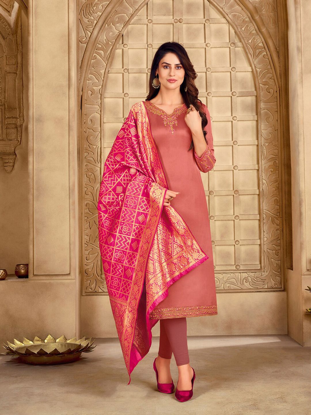 mf Women Coral & Gold-Toned Embroidered Silk Georgette Semi-Stitched Dress Material Price in India