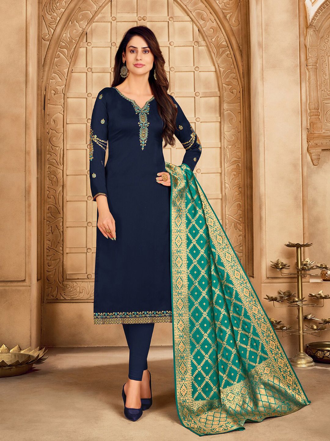 mf Women Navy Blue & Green Embroidered Silk Georgette Semi-Stitched Dress Material Price in India