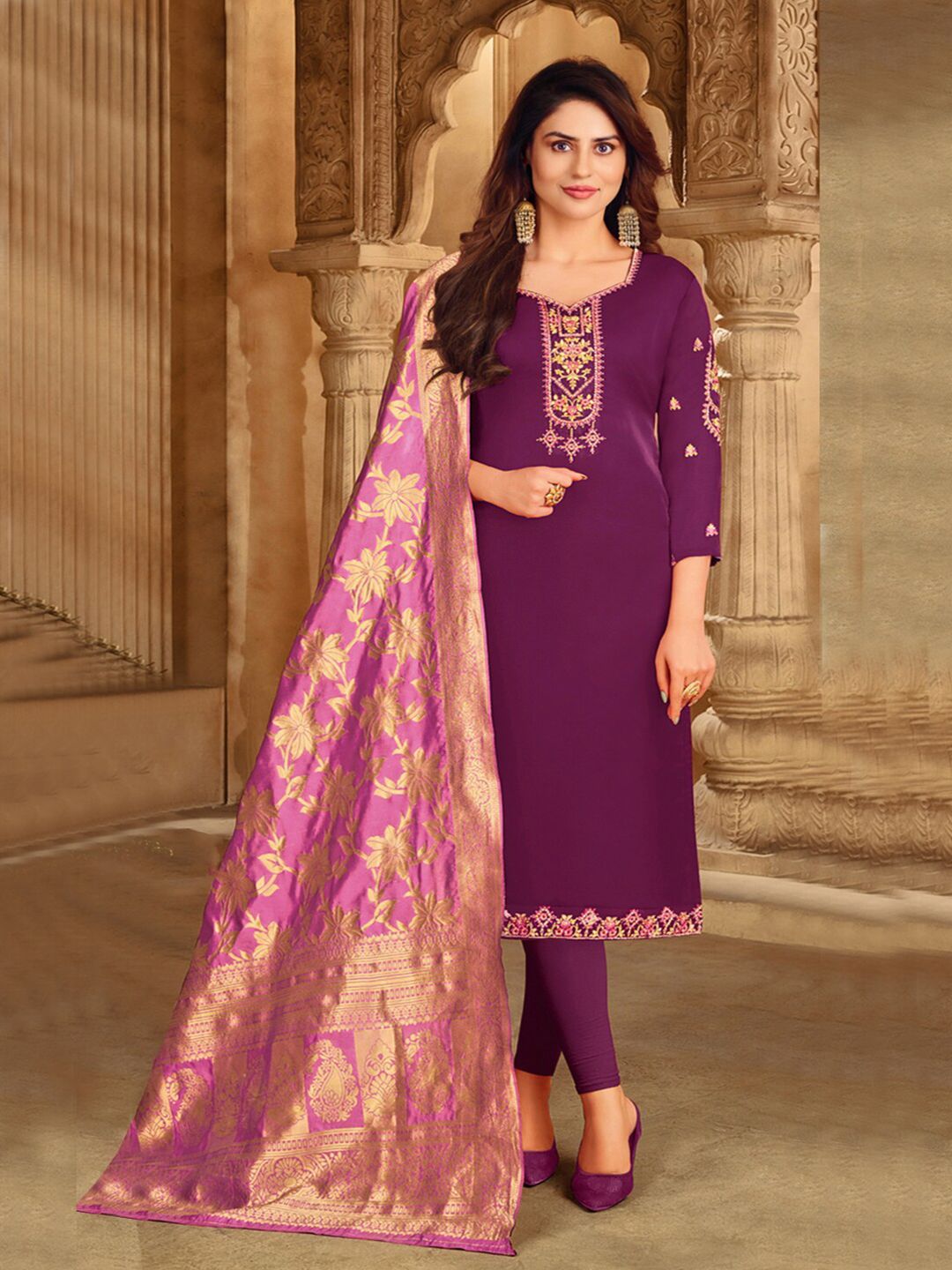 mf Women Magenta & Gold-Toned Embroidered Silk Georgette Semi-Stitched Dress Material Price in India