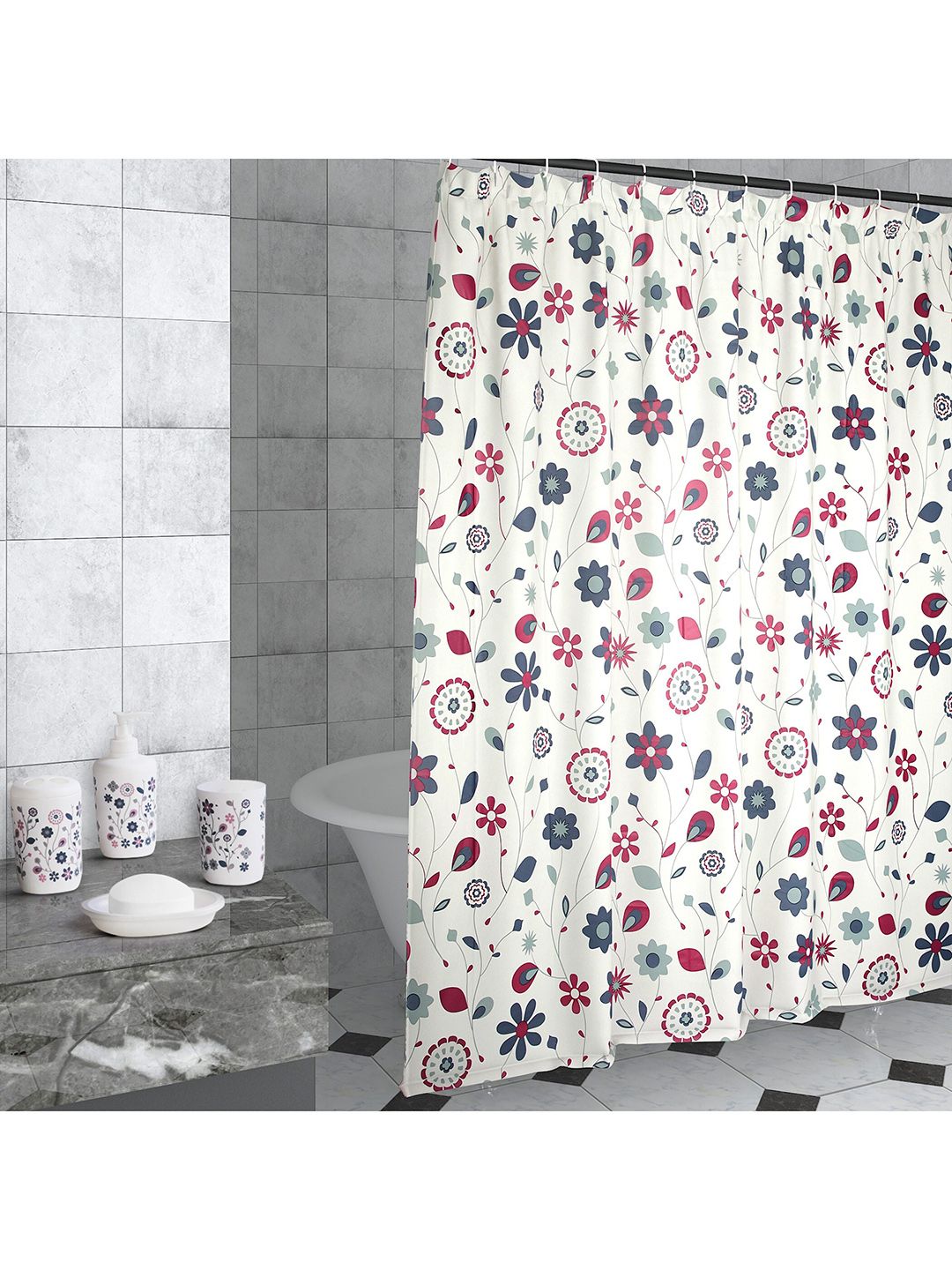 Home Centre Set Of 5 White & Blue Printed  Bathroom Accessories Price in India