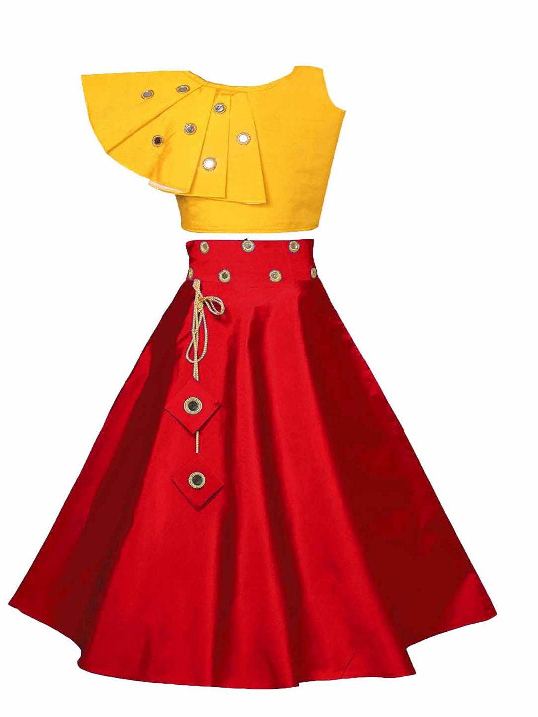 White World Girls Yellow & Red Embroidered Mirror Work Ready to Wear Lehenga & Choli