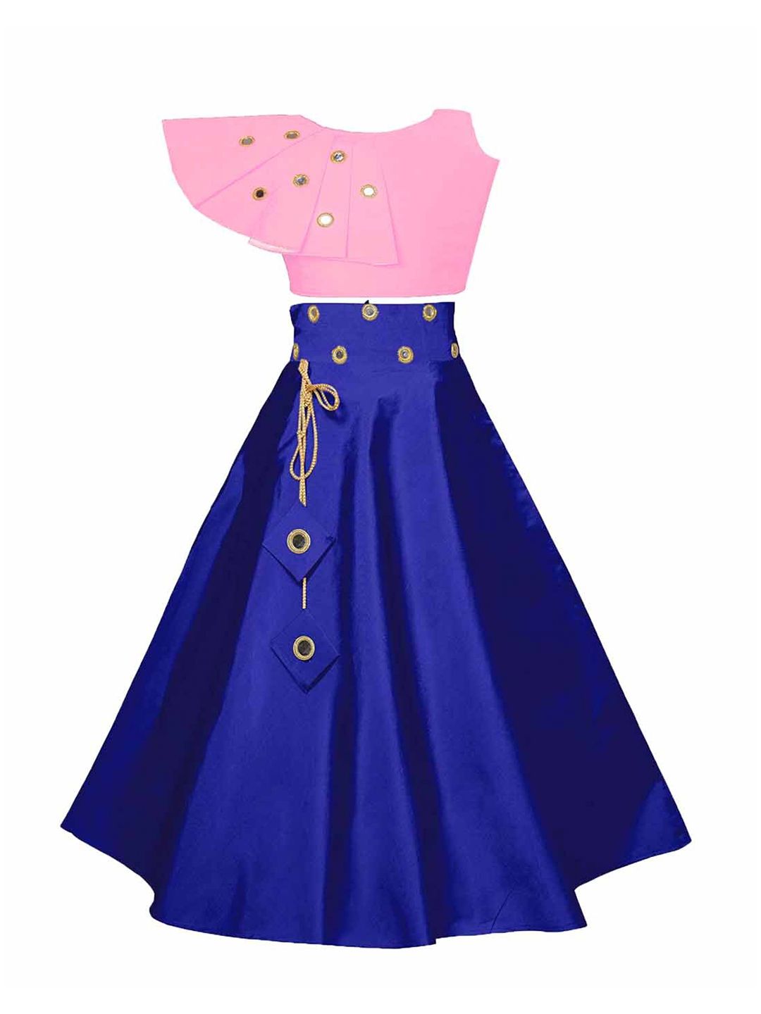 White World Girls Pink & Blue Mirror Work Ready to Wear Lehenga &