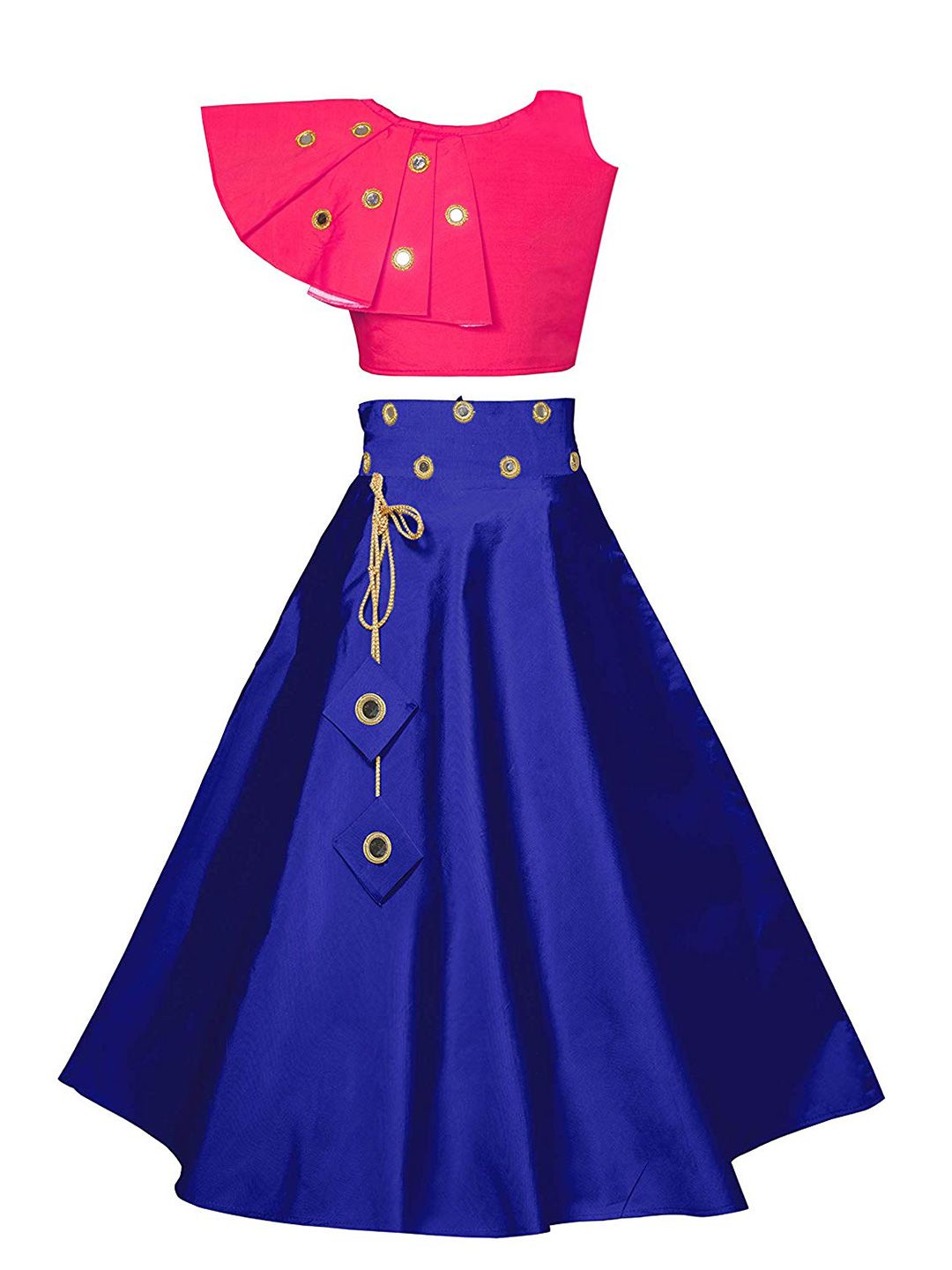 White World Girls Magenta & Blue Mirror Work Ready to Wear Lehenga &