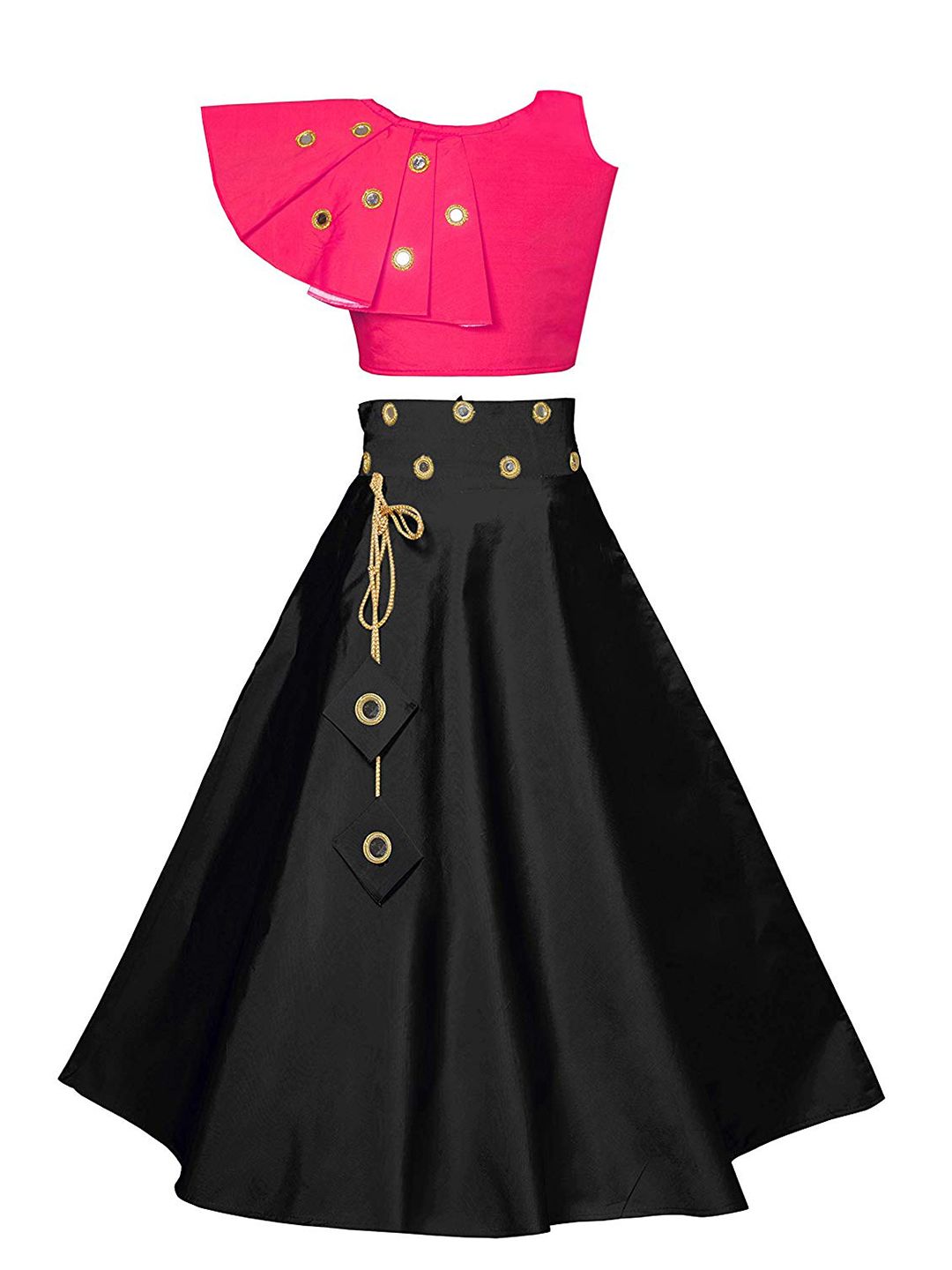 White World Girls Magenta & Black Mirror Work Ready to Wear Lehenga &