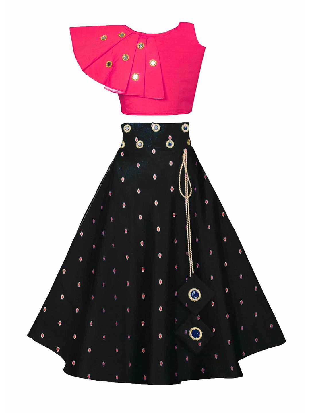White World Girls Magenta & Black Mirror Work Ready to Wear Lehenga &