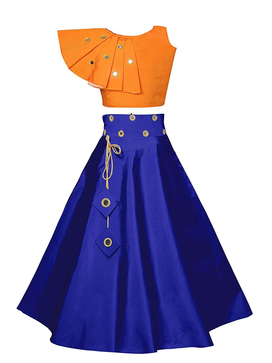 White World Girls Orange & Blue Mirror Work Ready to Wear Lehenga & Price in India