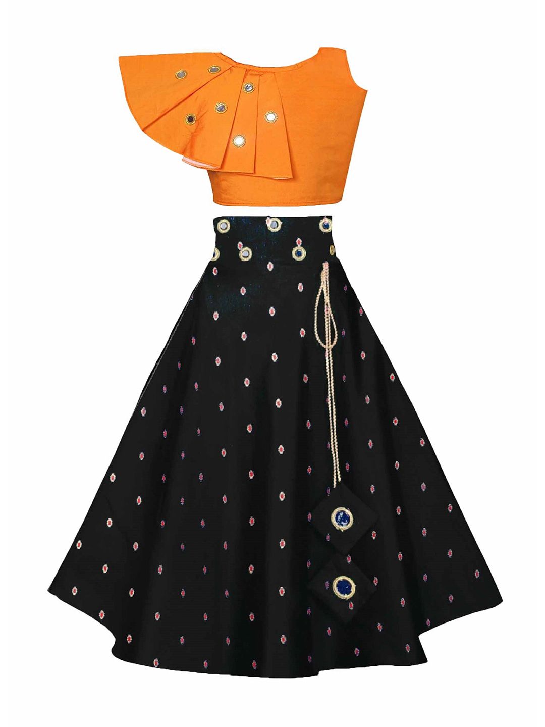 White World Girls Orange & Black Mirror Work Ready to Wear Lehenga &