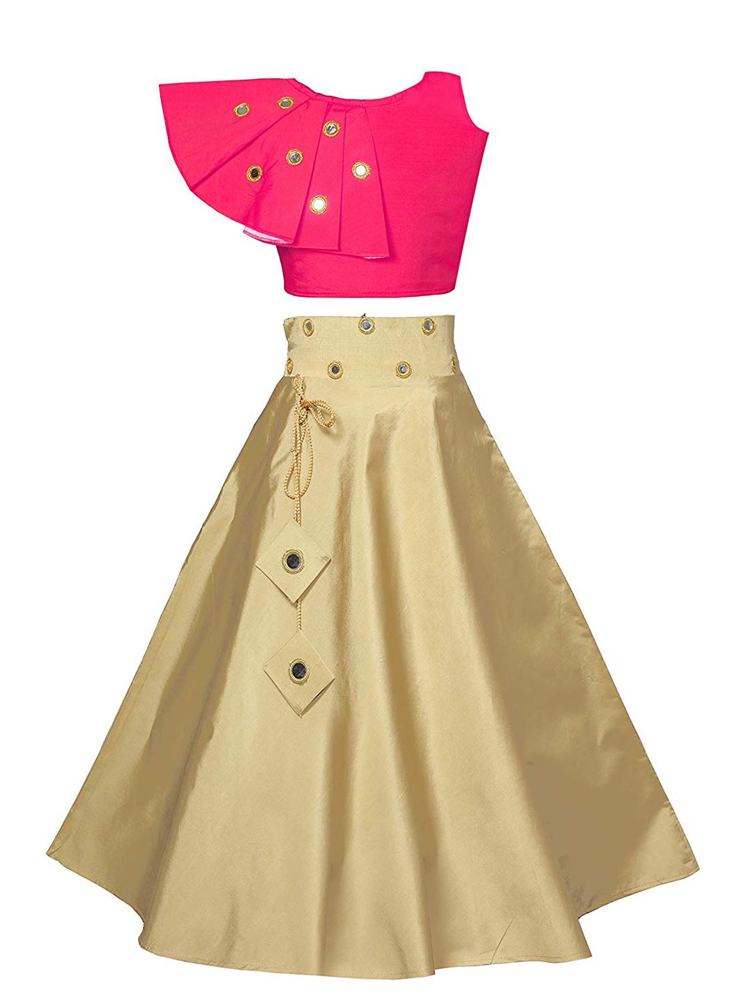 White World Girls Magenta & Cream-Coloured Mirror Work Ready to Wear Lehenga &
