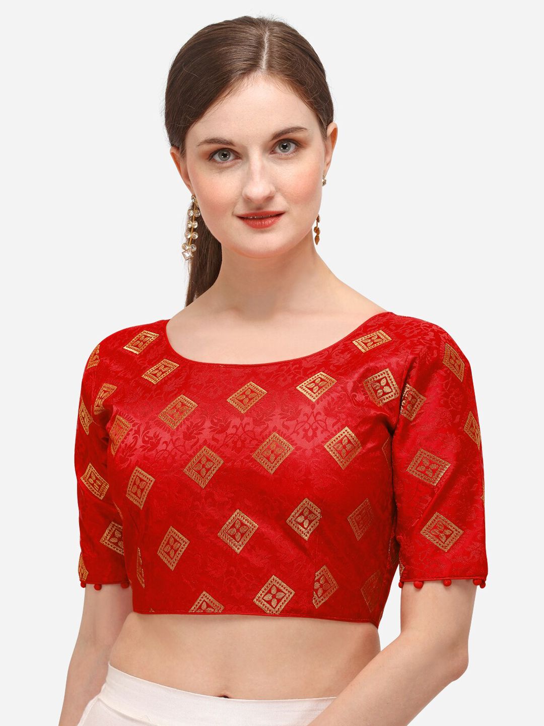 Fab Dadu Women Red & Gold Jacquard Woven Saree Blouse Price in India