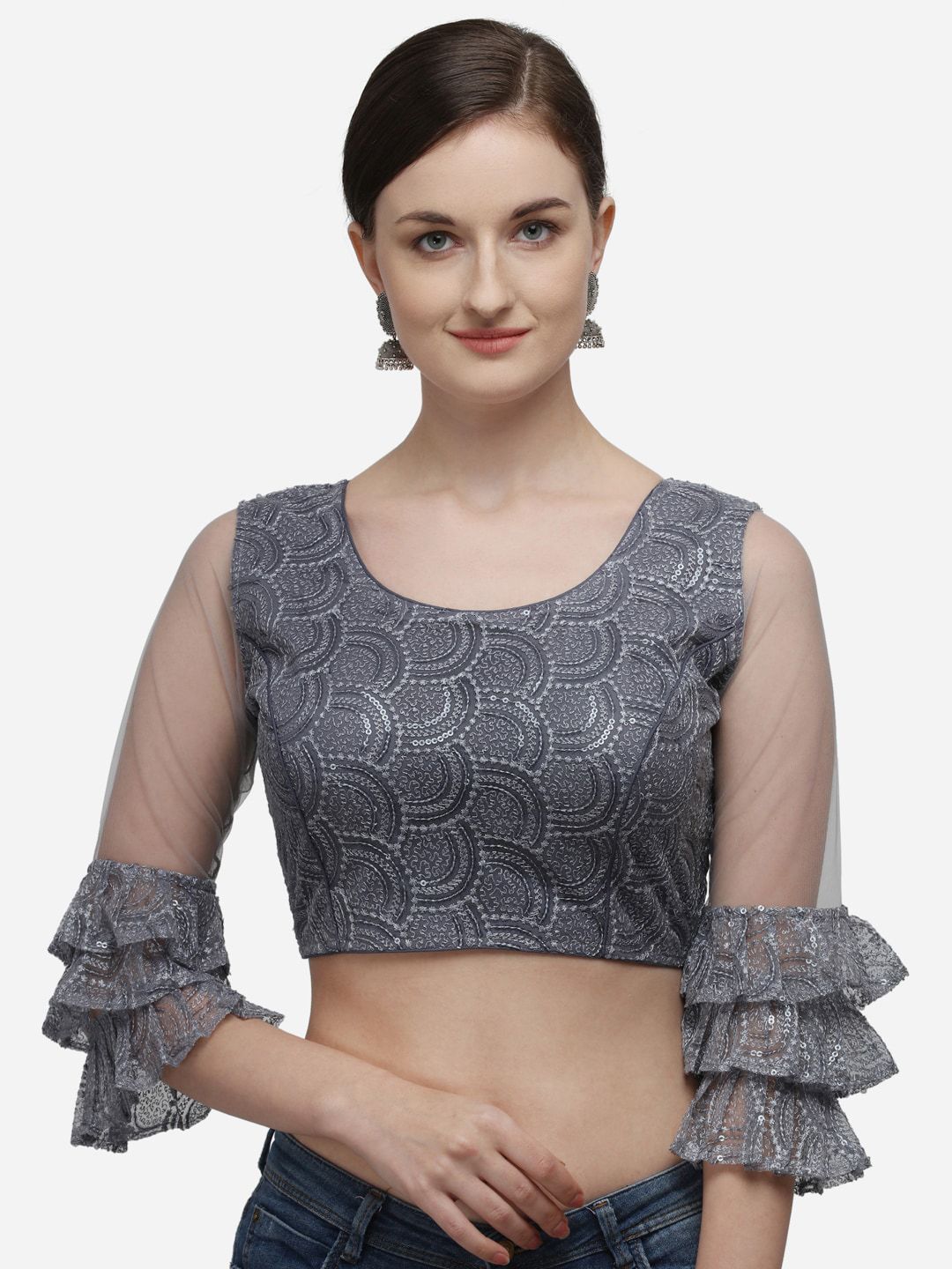 Fab Dadu Women Grey Embroidered Saree Blouse Price in India