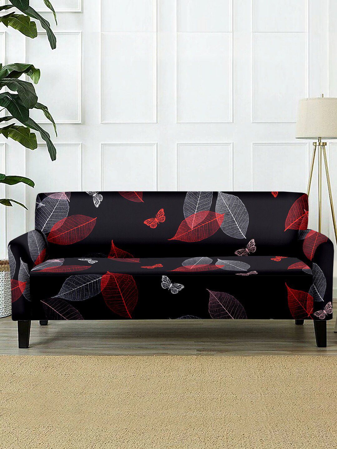 Cortina Black & Red Printed 3 Seater Sofa Covers Price in India