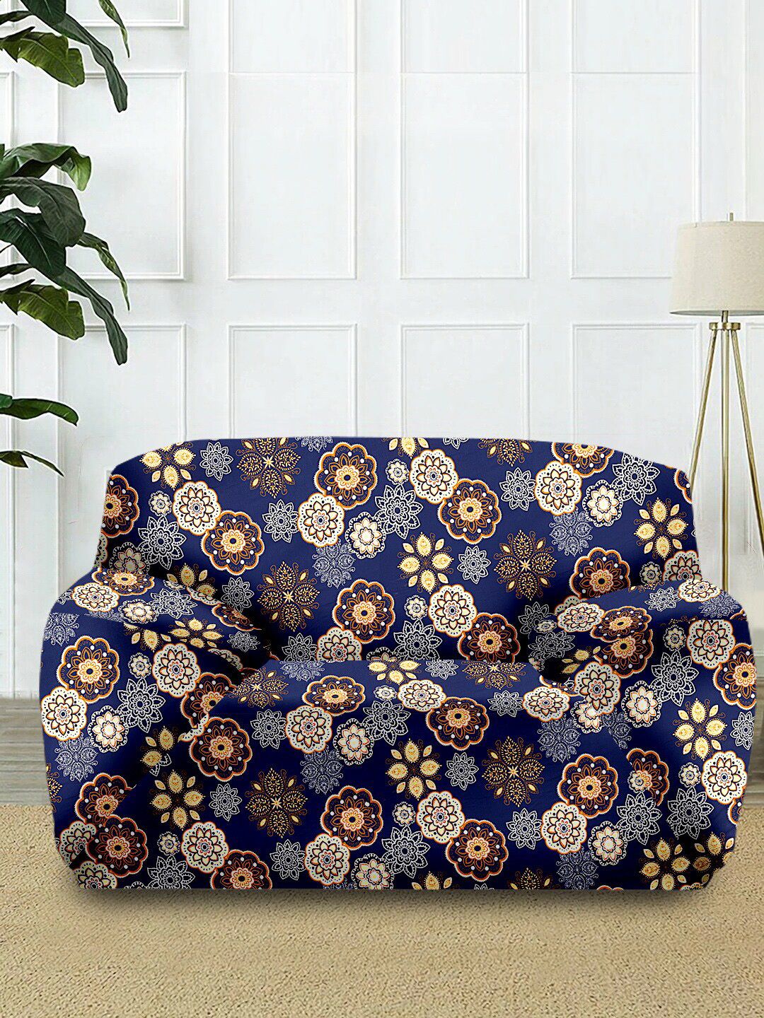 Cortina Navy Blue & Yellow Printed Stretchable Non-Slip 1-Seater Sofa Covers Price in India