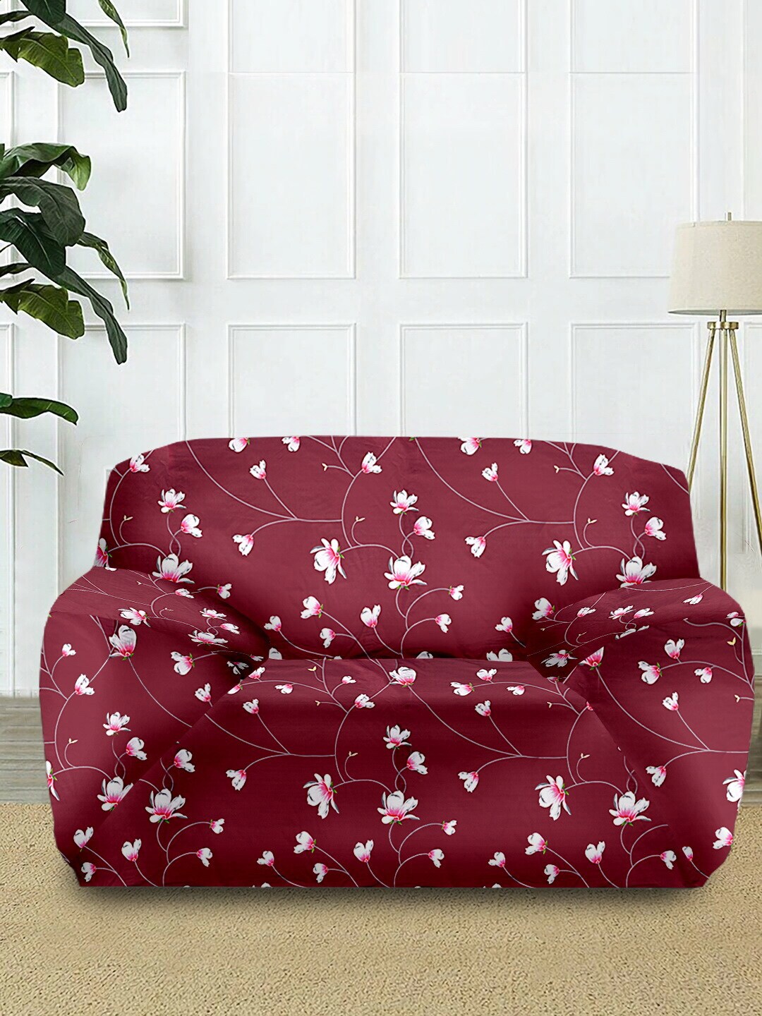 Cortina Maroon & White Printed One Seater Sofa Covers Price in India