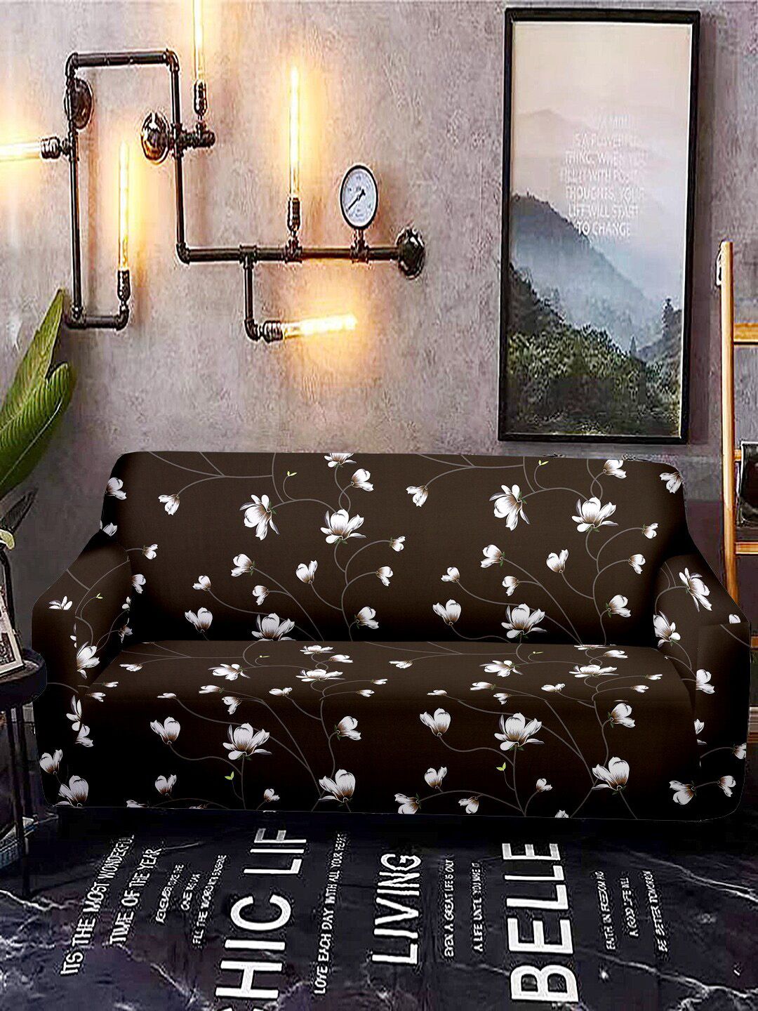 Cortina Brown & White Printed 2 Seater Sofa Covers Price in India