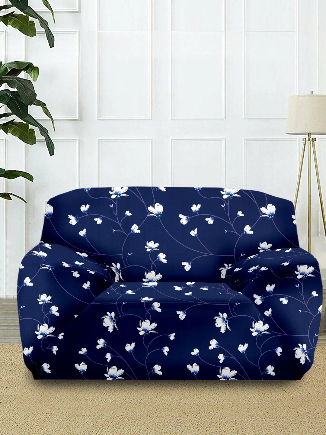 Cortina Navy Blue Printed Single-Seater Sofa Cover Price in India