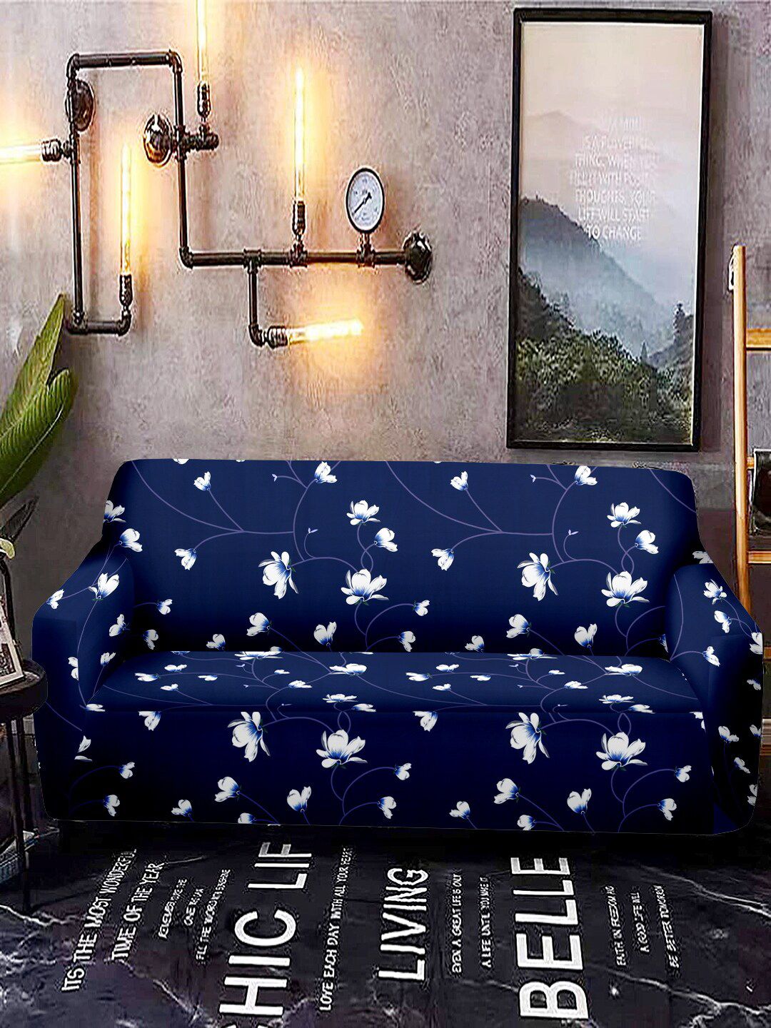 Cortina Navy Blue Printed 2-Seater Sofa Cover Price in India