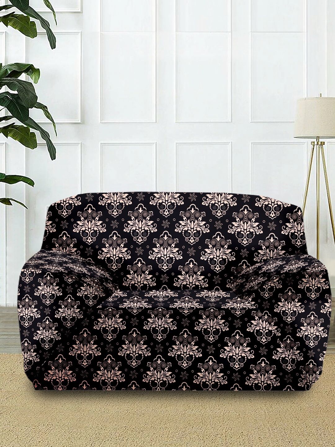 Cortina Black Printed Stretchable Non-Slip Single Seater Sofa Cover Price in India