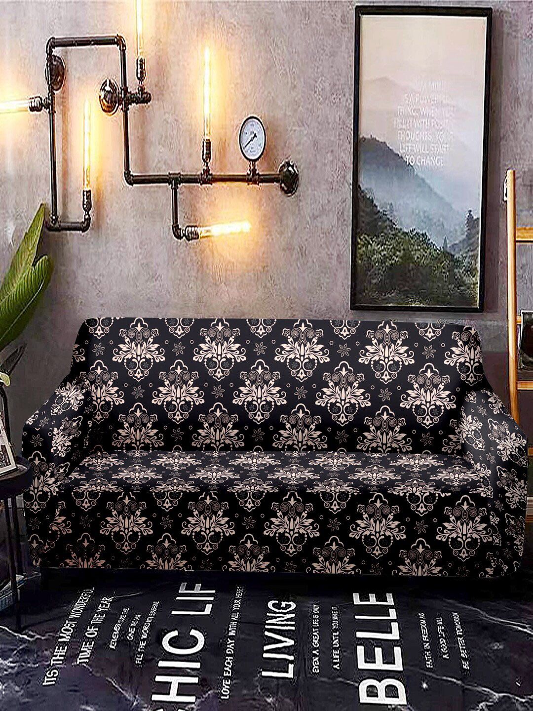 Cortina Black Printed Two-Seater Sofa Cover Price in India