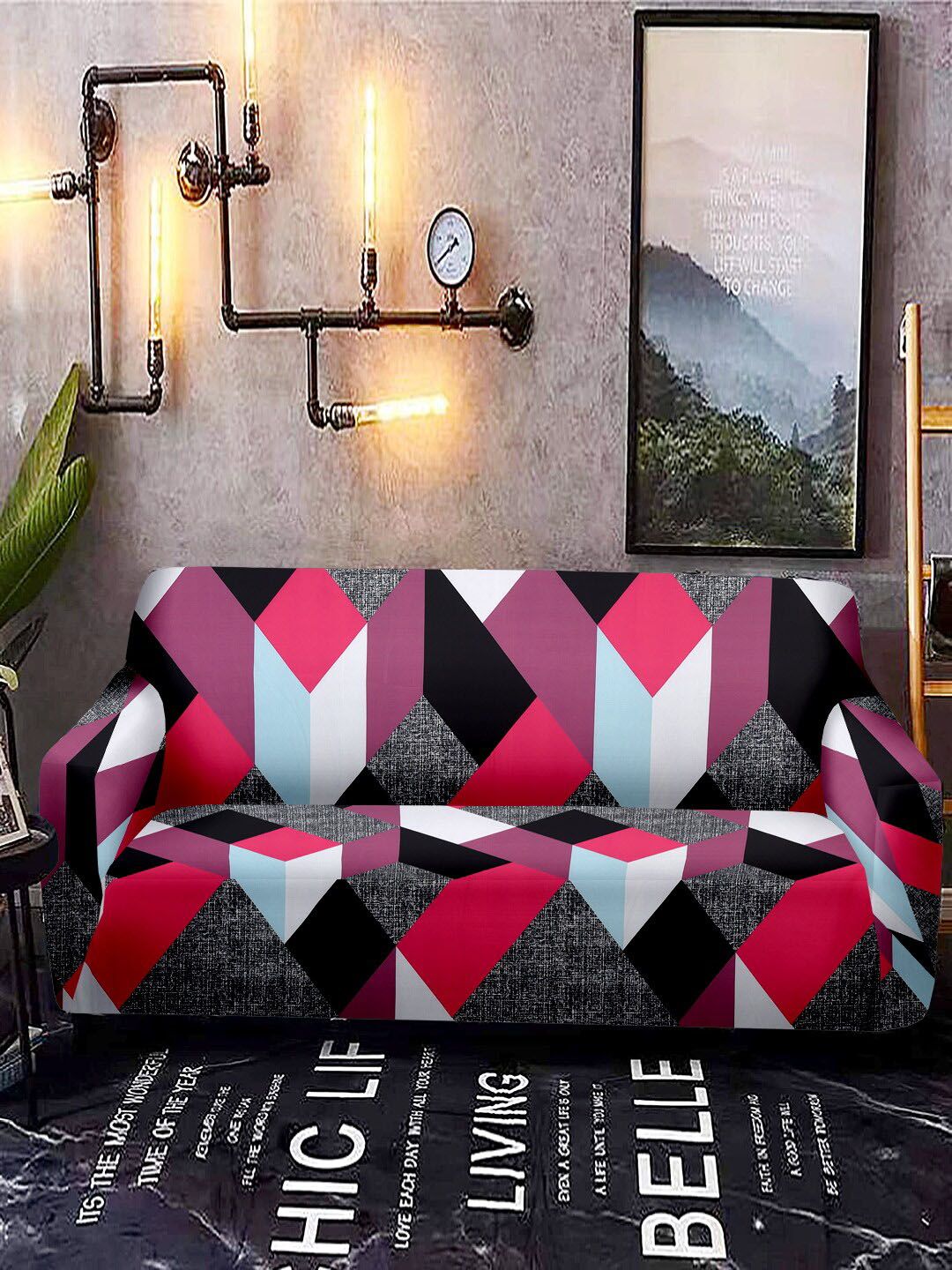 Cortina Pink & Black Printed Stretchable Non-Slip Sofa Cover Price in India