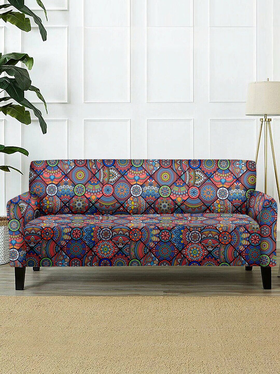 Cortina Blue & Red Printed Three-Seater Sofa Cover Price in India