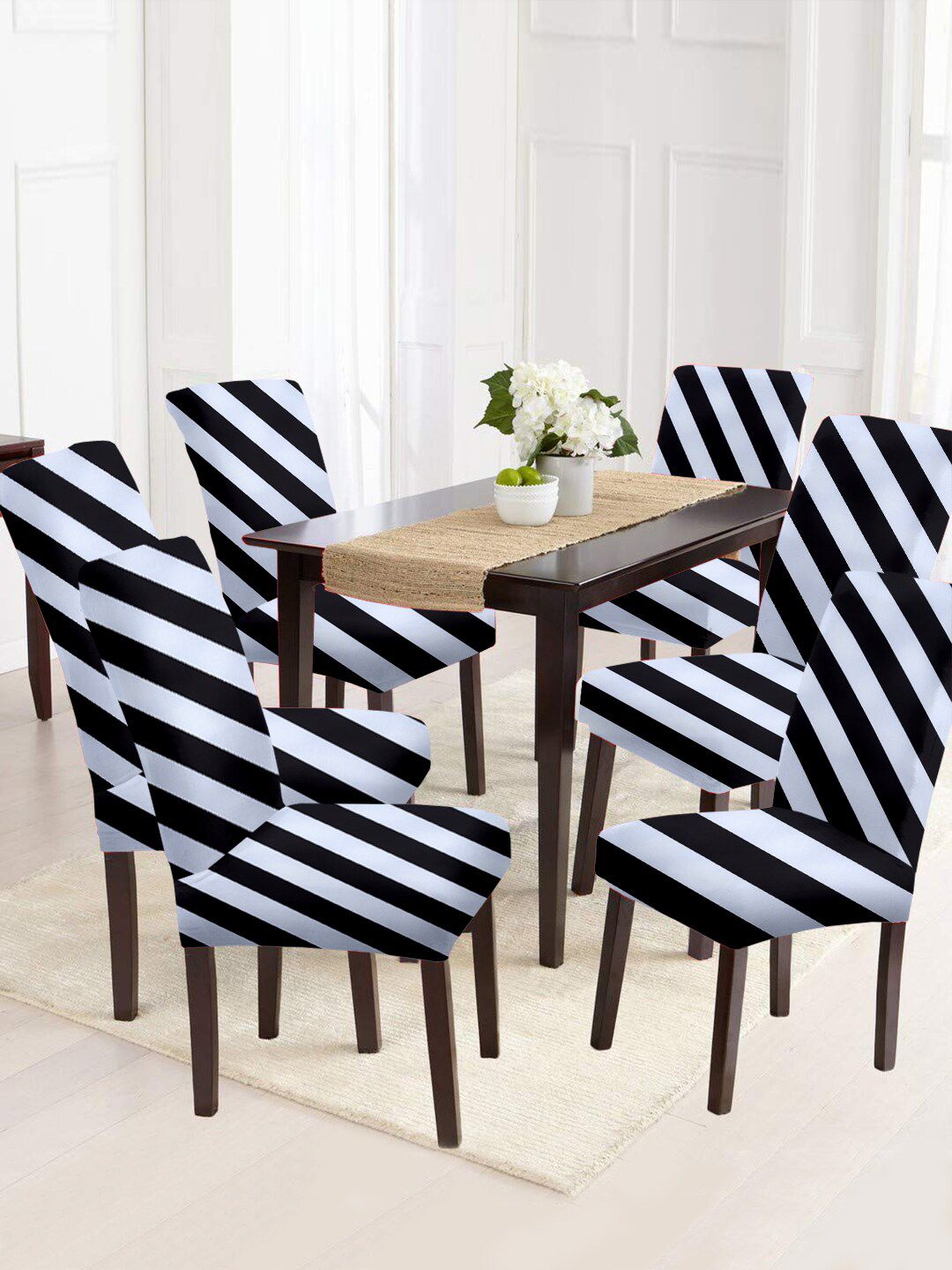 Cortina Set of 6 Black & White Striped Chair Cover Price in India