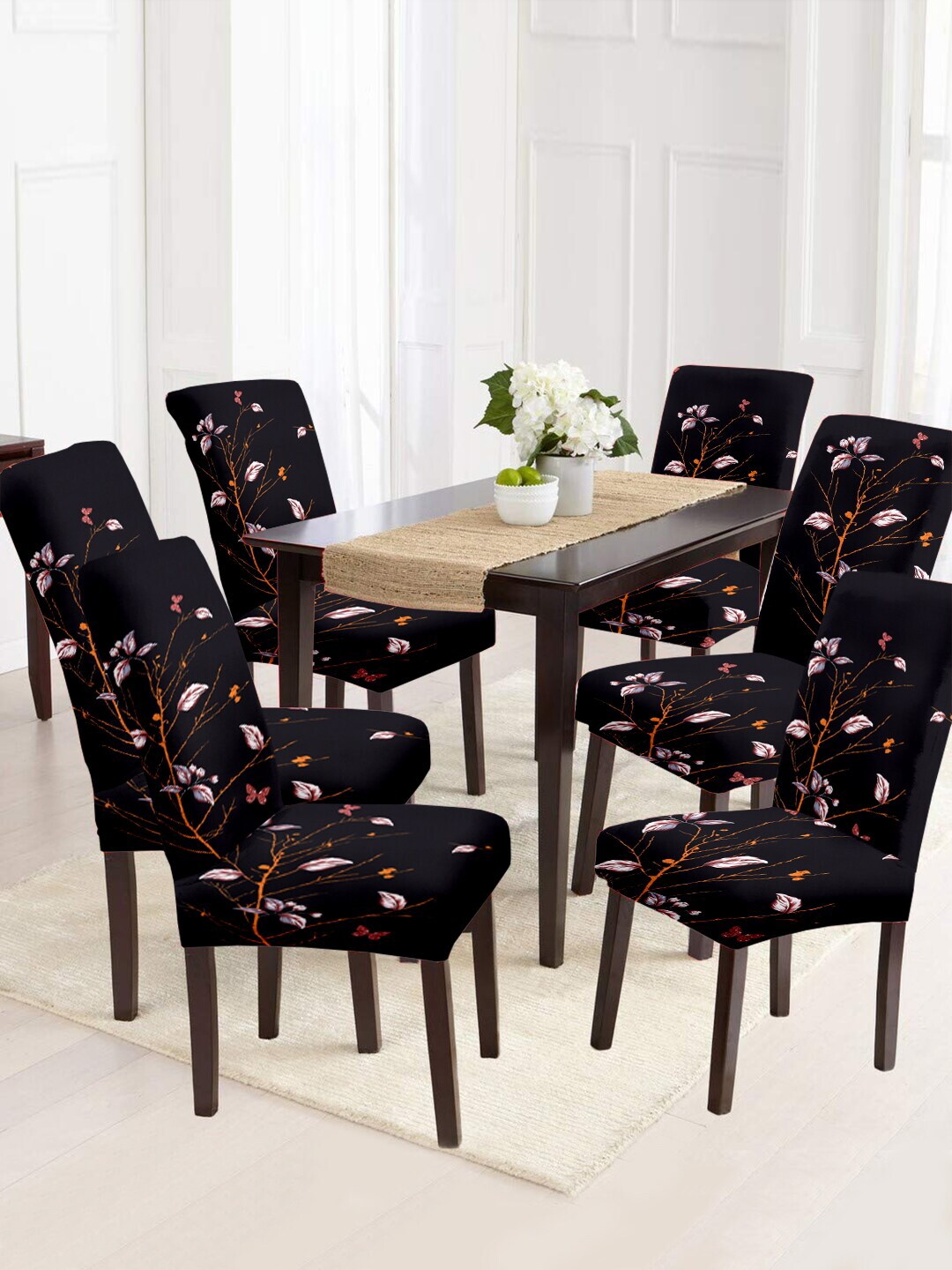Cortina Set Of 6 Black Printed Chair Covers Price in India