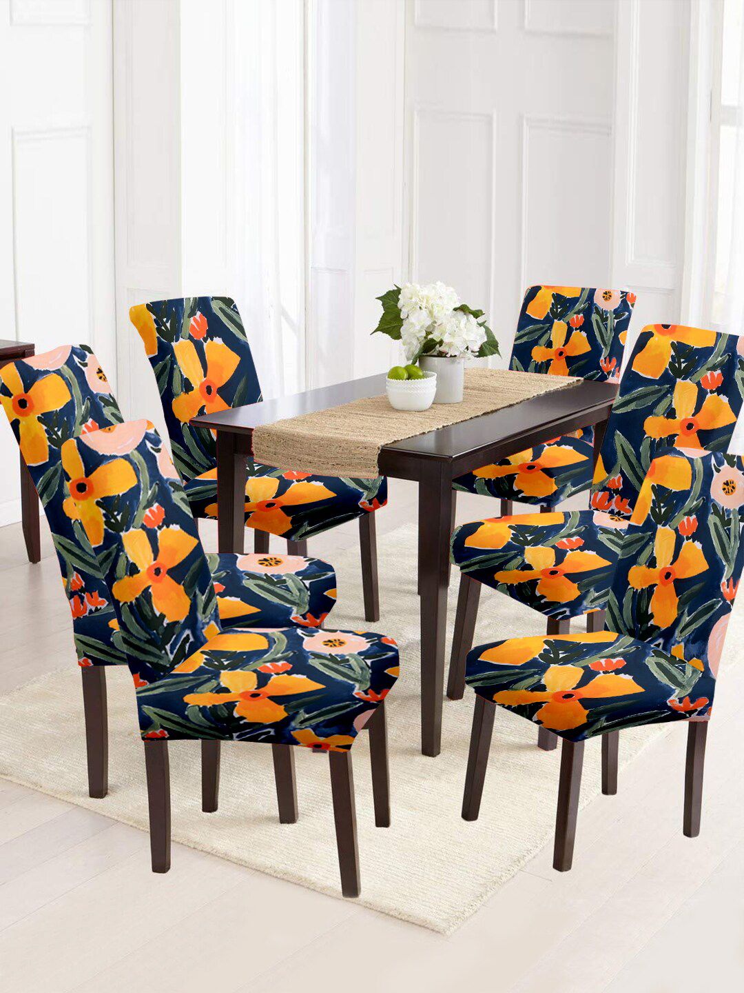 Cortina Set Of 6 Orange Floral Printed Chair Covers Price in India