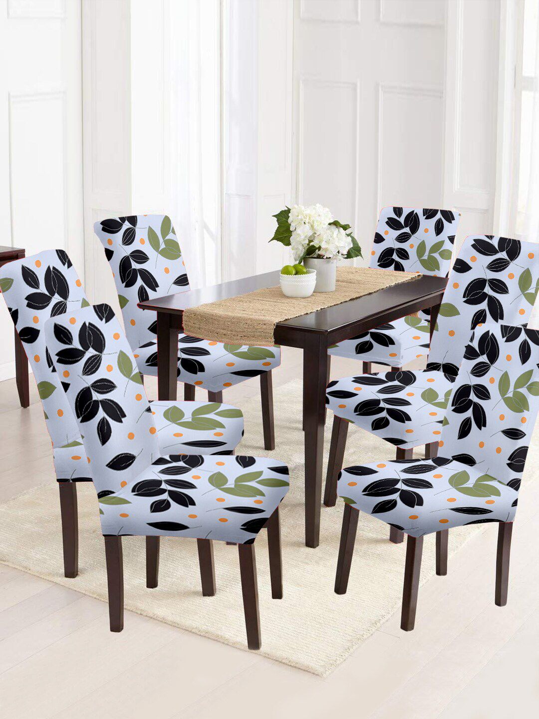 Cortina Set Of 6 Grey & Black Printed Chair Cover Price in India
