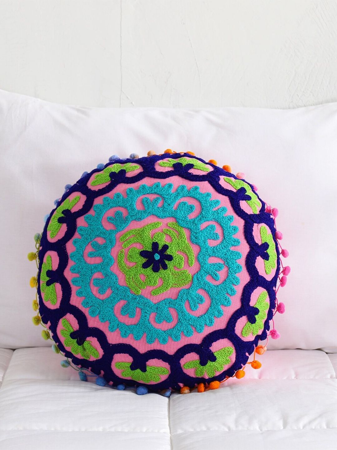 HANDICRAFT PALACE Pink & Blue Embroidered Round Cushion Covers Price in India