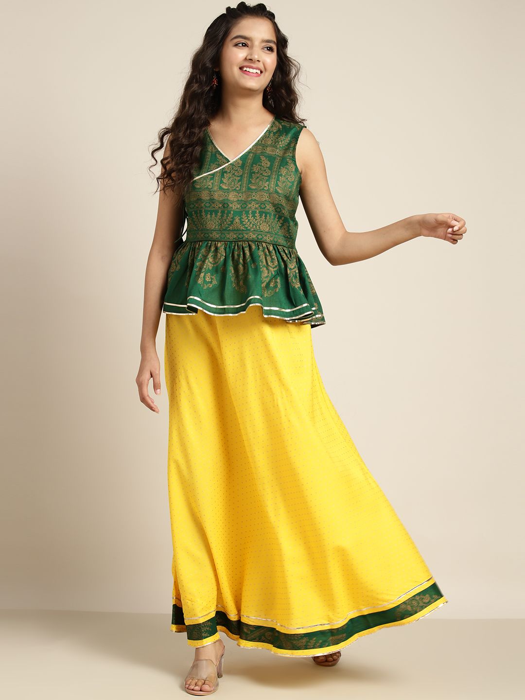 Sangria Girls Yellow & Green Ethnic Motifs Print Ready to Wear Lehenga Choli Price in India