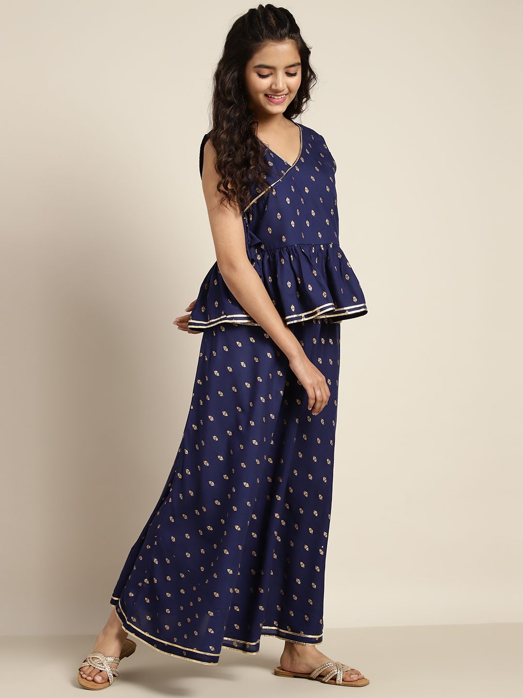 Sangria Girls Navy Blue & Golden Ethnic Motifs Print Ready to Wear Lehenga Choli Price in India