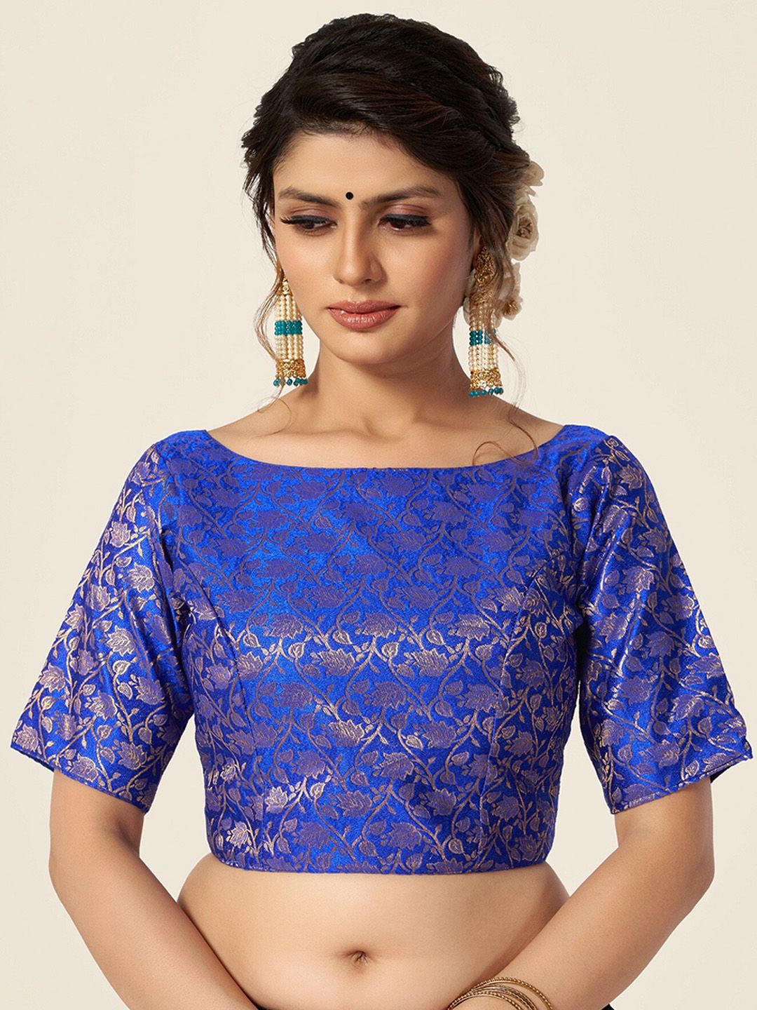 HIMRISE Blue Woven-Design  Brocade Saree Blouse Price in India