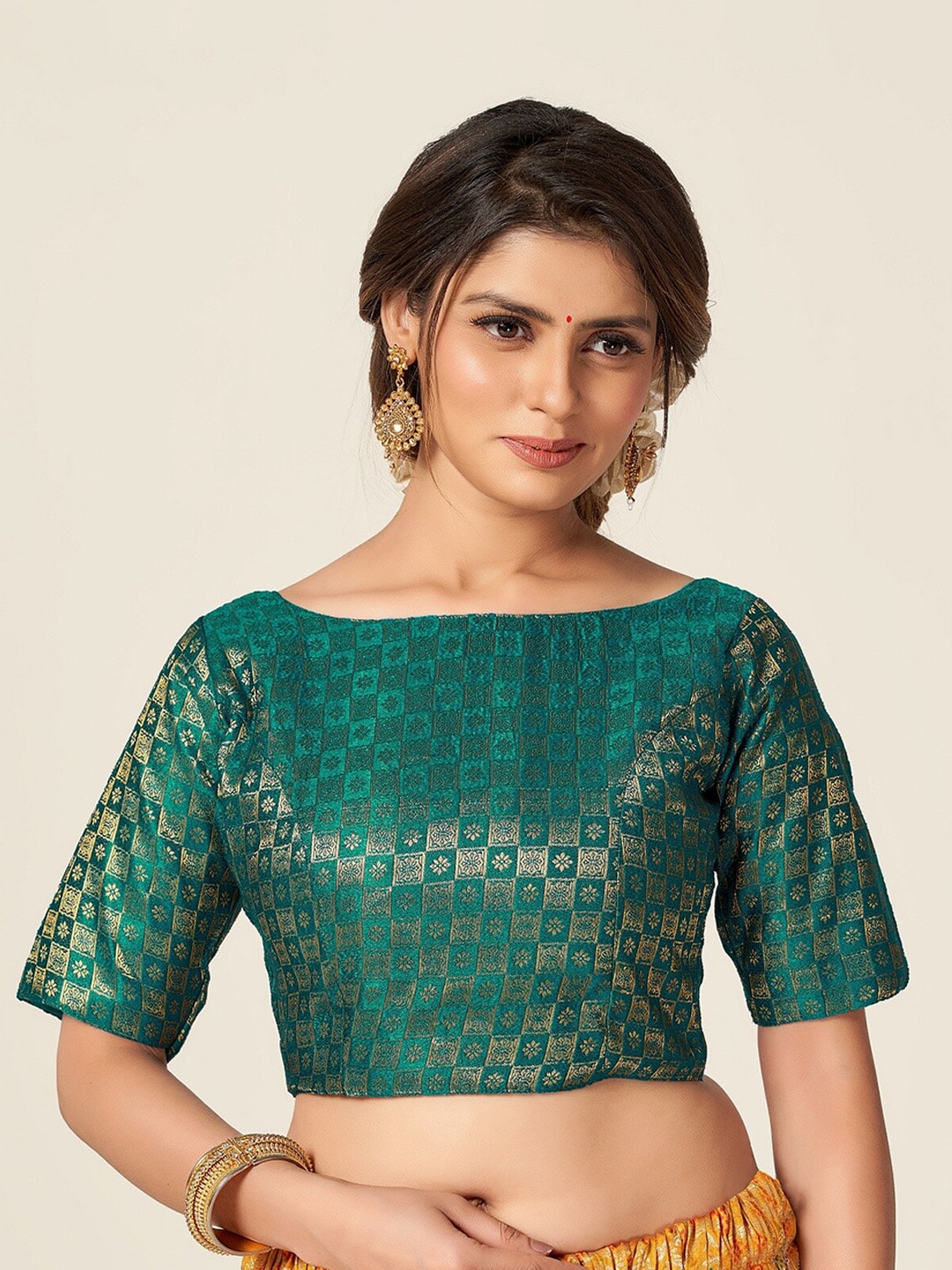 HIMRISE Women Green Woven Design Ready to Wear Saree Blouse Price in India