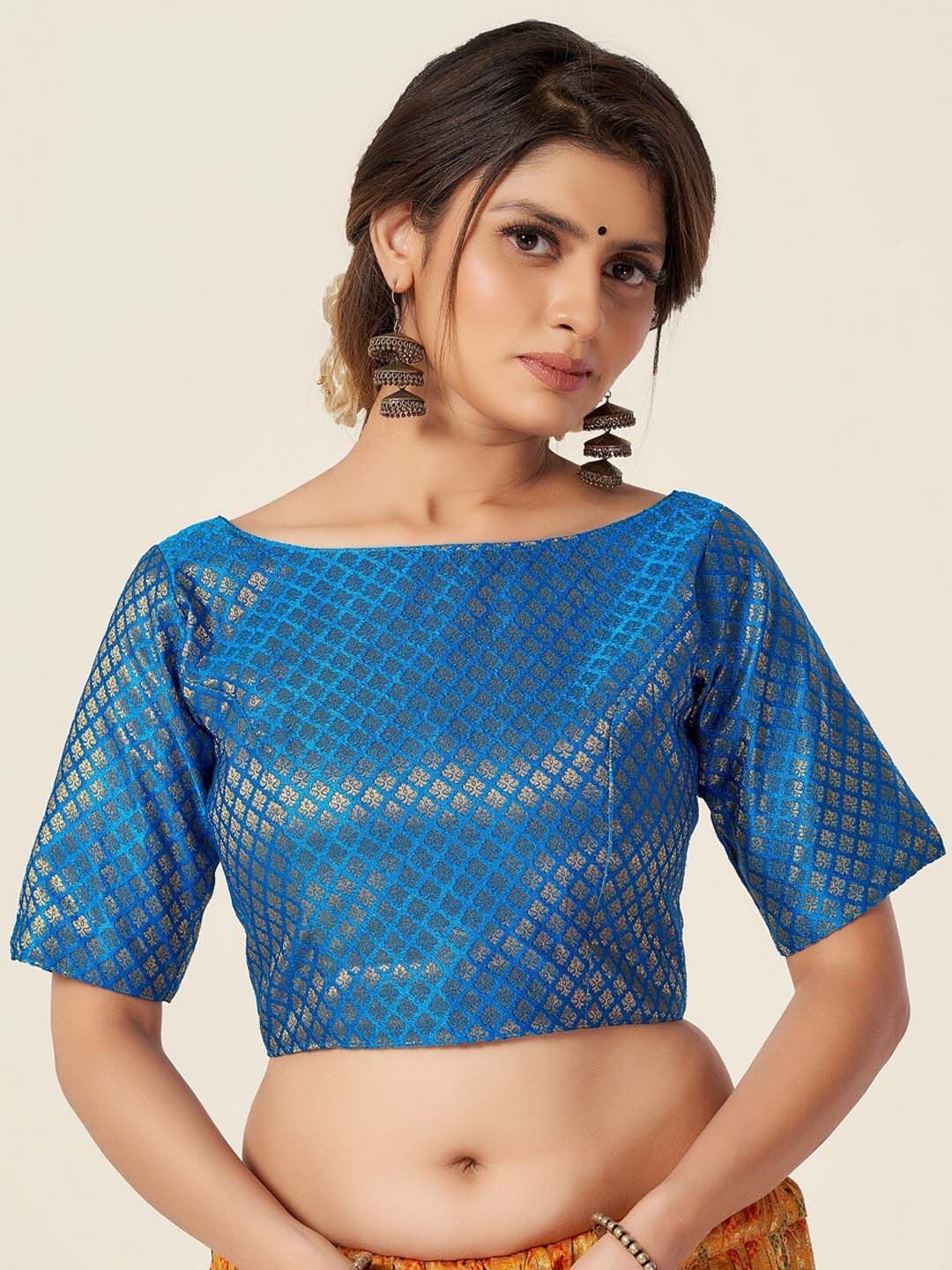 HIMRISE Blue Woven-Design  Brocade Saree Blouse Price in India
