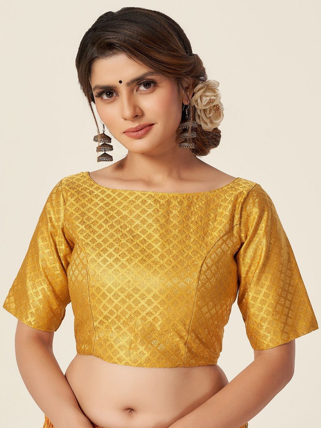 HIMRISE Yellow Woven-Design Boat Neck Saree Blouse Price in India