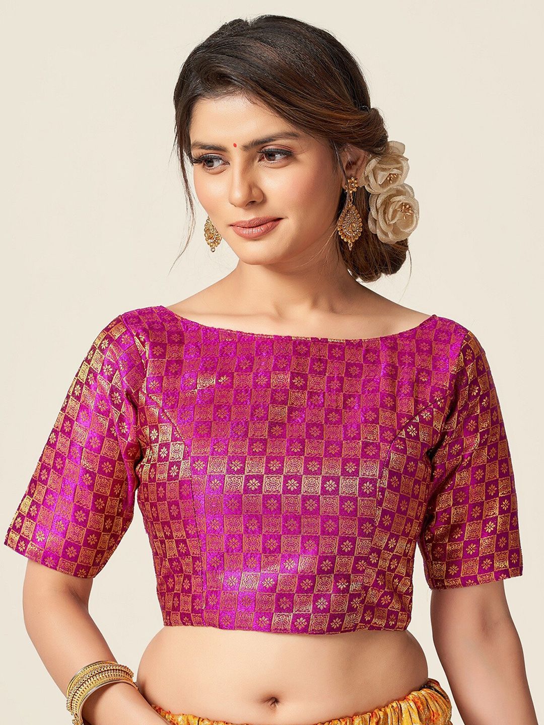 HIMRISE Pink Woven-Design  Brocade Saree Blouse Price in India