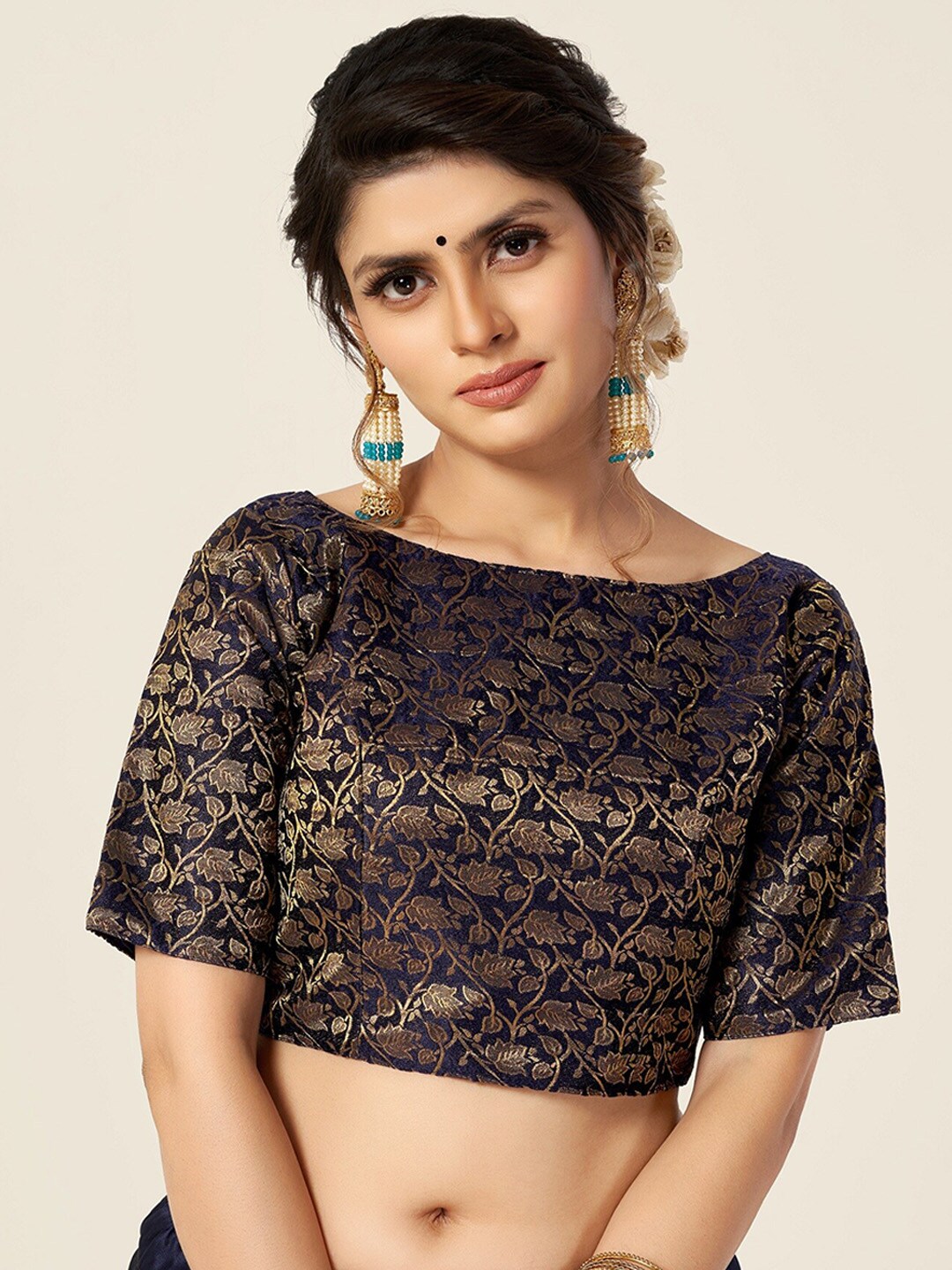 HIMRISE Women Navy Blue Woven Design Saree Blouse Price in India