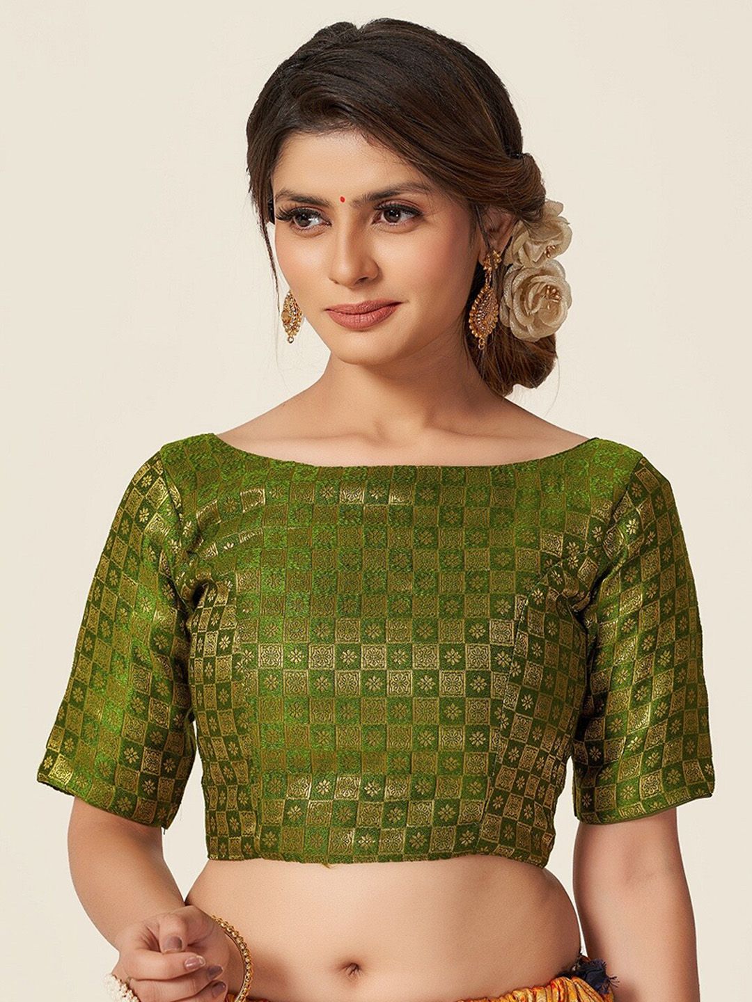 HIMRISE Women Olive-Green Woven Design Boat Neck Brocade Saree Blouse Price in India