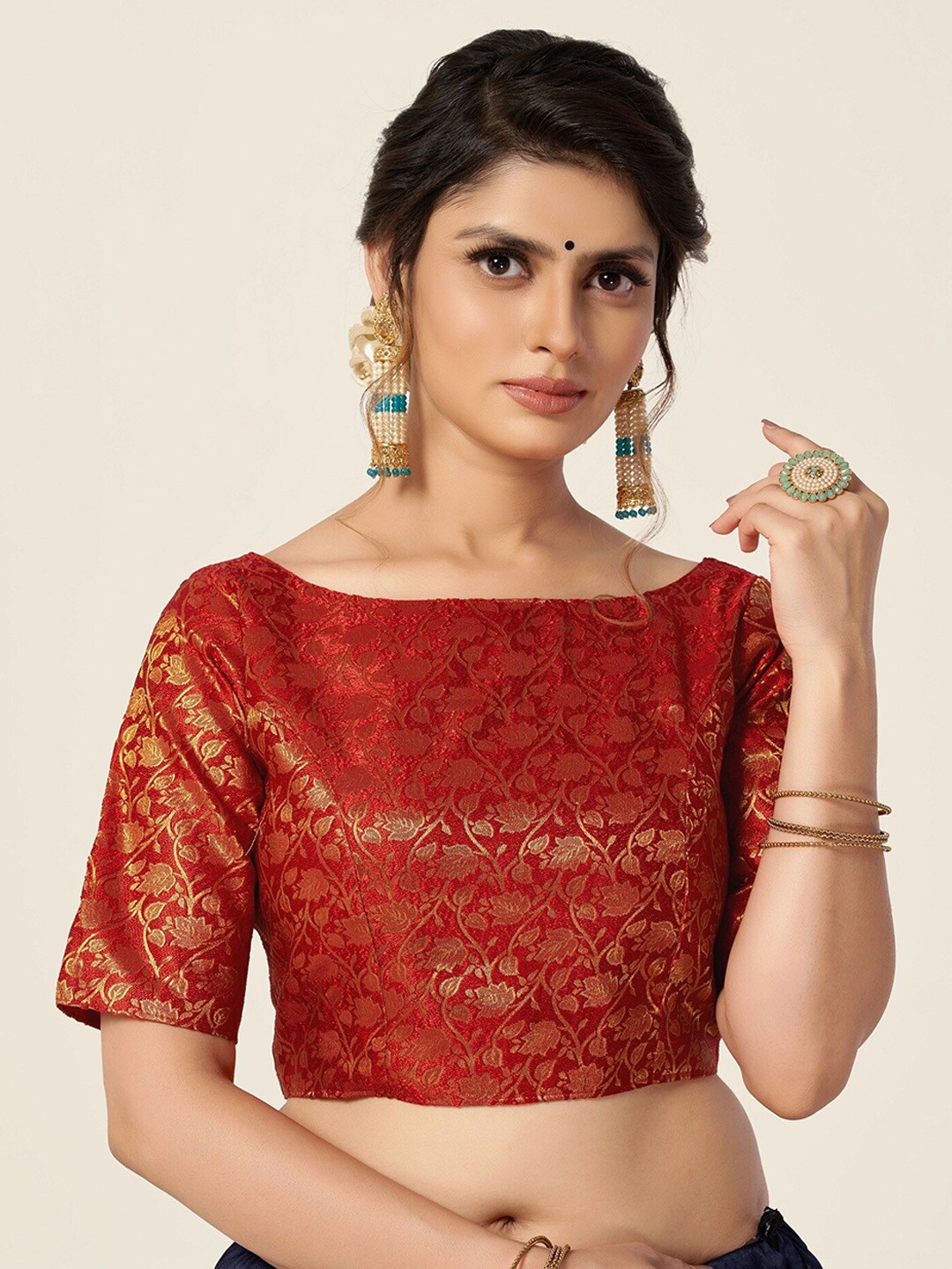 HIMRISE Women Maroon & Gold-Toned Printed Saree Blouse Price in India