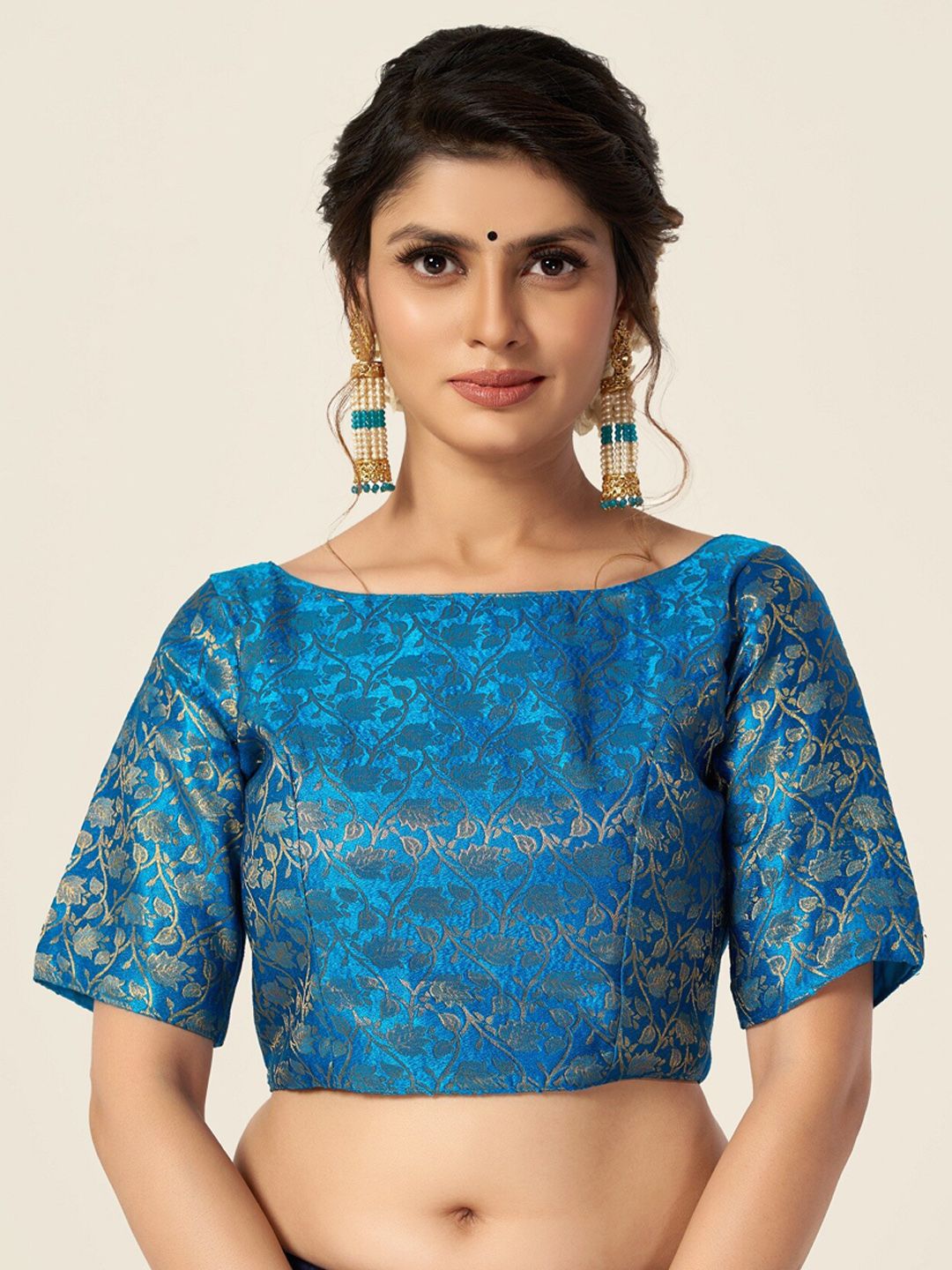 HIMRISE Women Blue Woven Design Boat Neck Saree Blouse Price in India