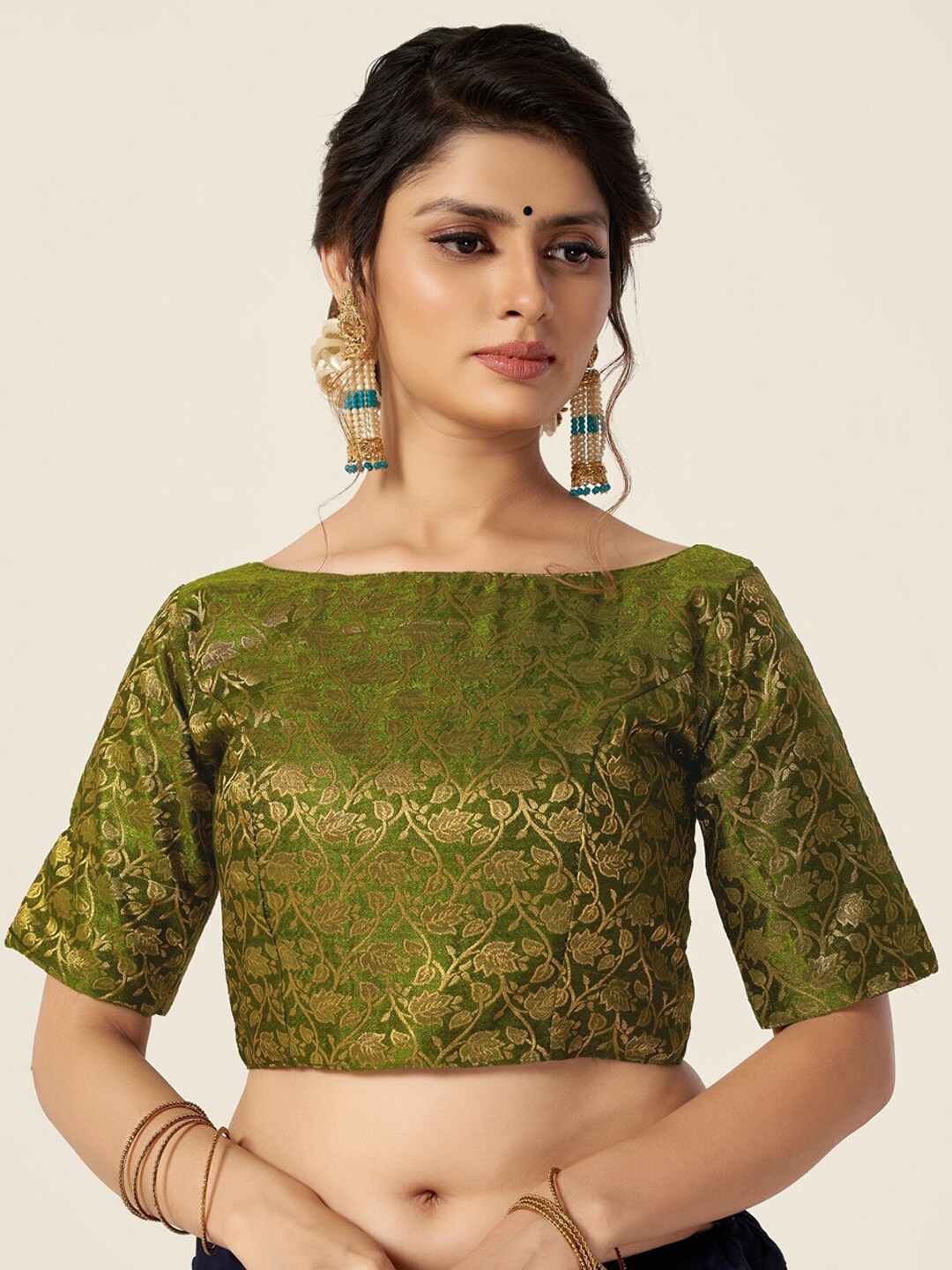 HIMRISE Women Green & Golden Printed Saree Blouse Price in India
