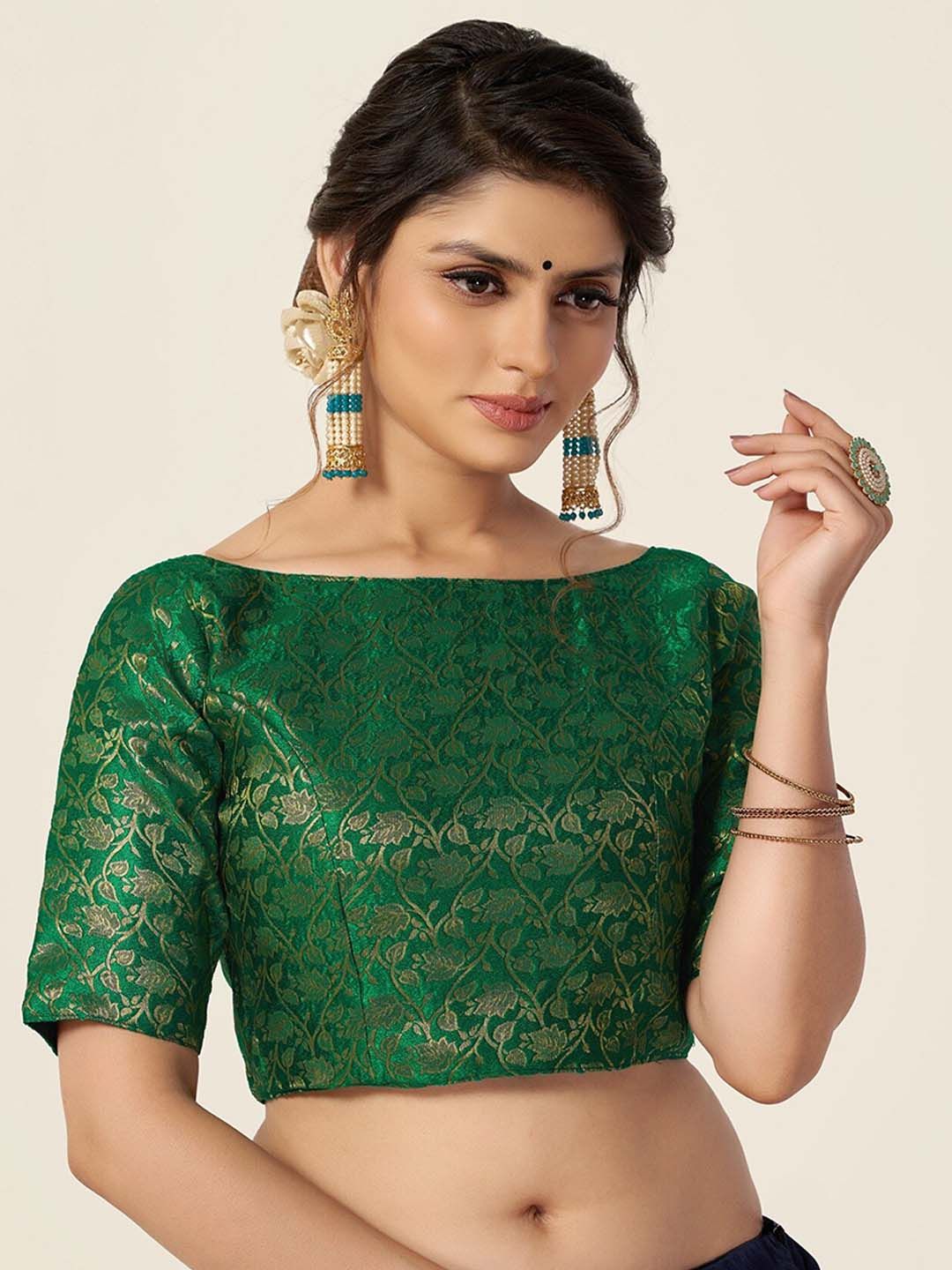 HIMRISE Green & Gold-Toned Boat Neck Woven Blouse Price in India