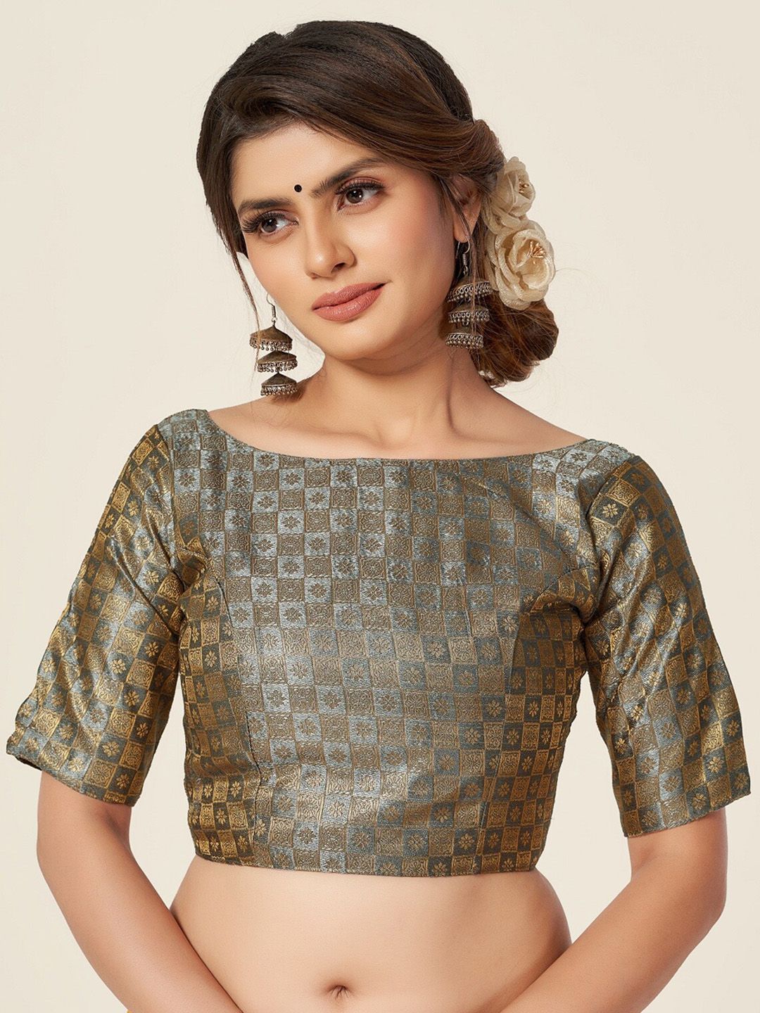 HIMRISE Women Grey Woven Design Boat Neck Saree Blouse Price in India